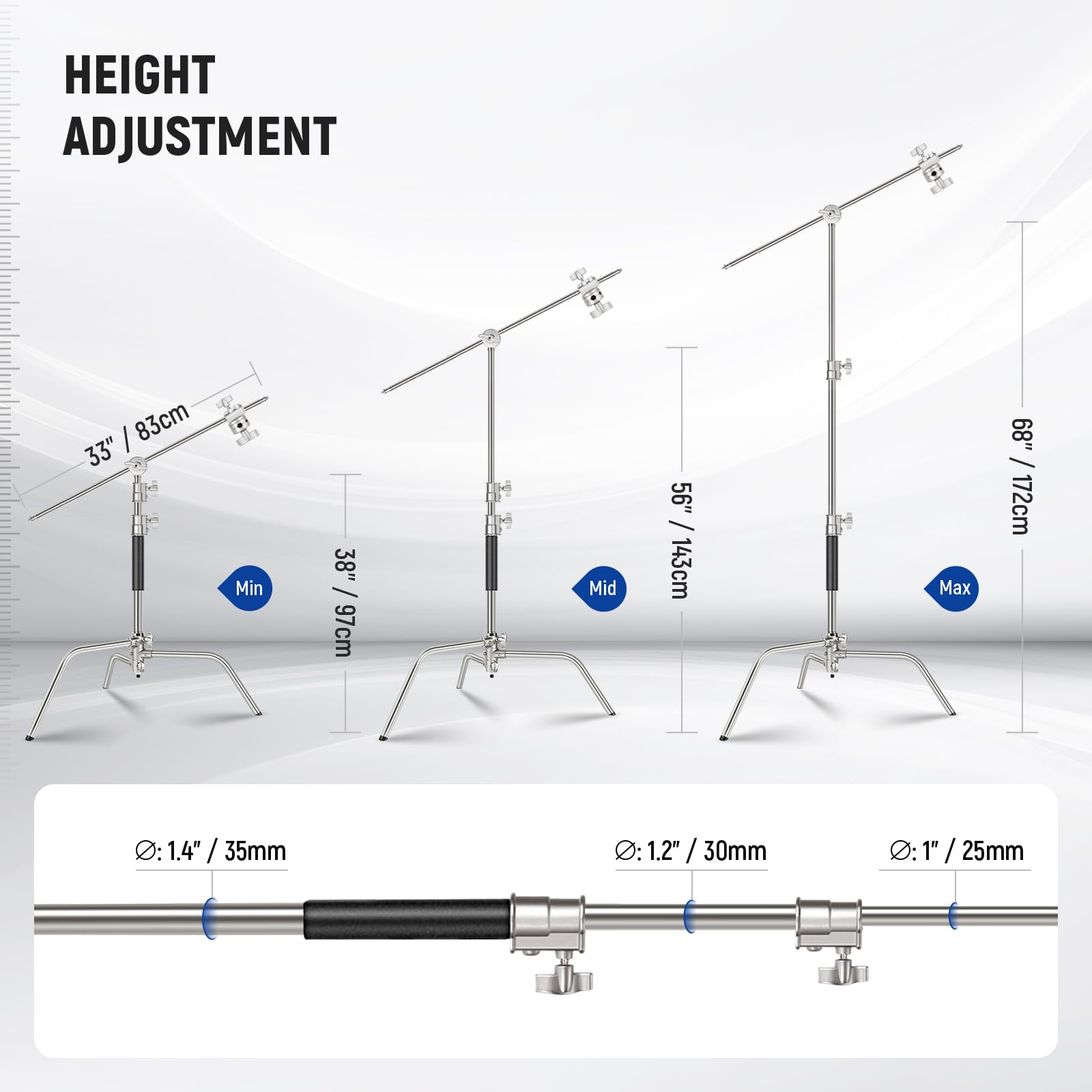 NEEWER Pro 100% Stainless Steel Heavy Duty C Stand with Boom Arm - 68