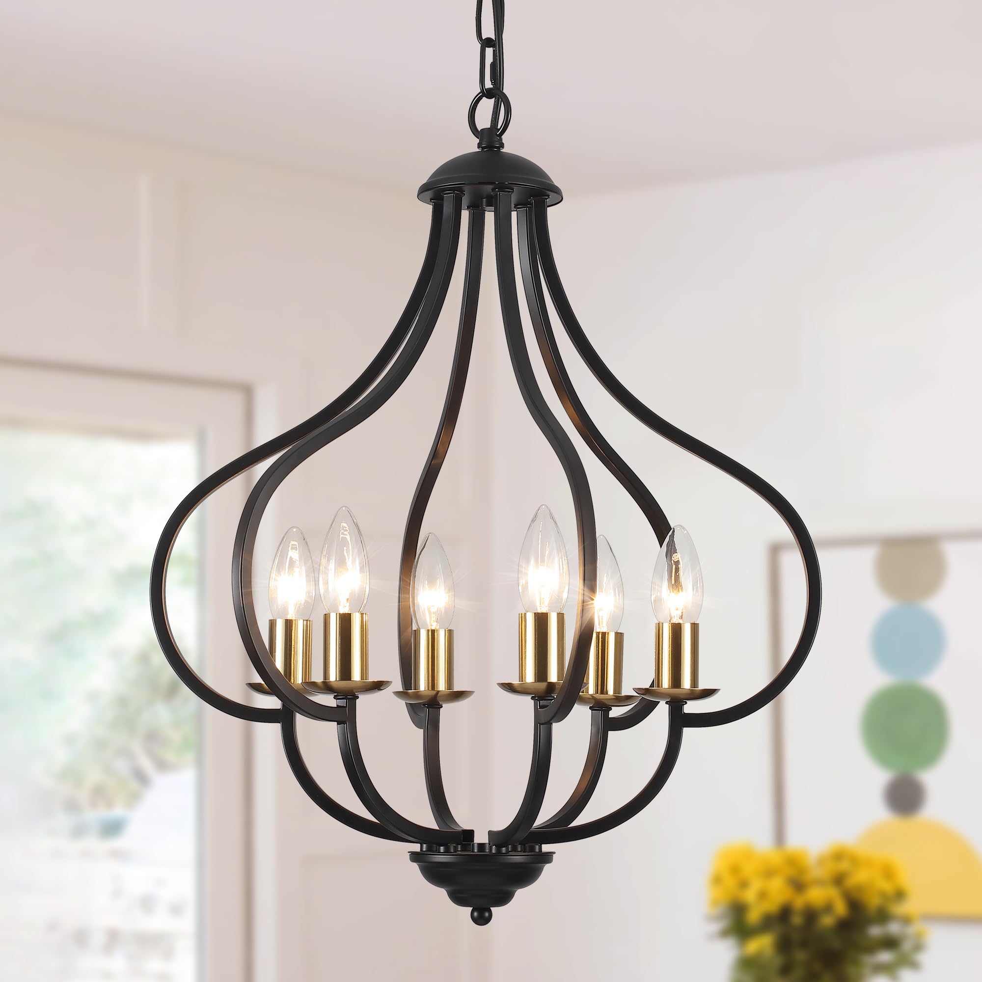6-Light Black Farmhouse Chandelier - Vintage Adjustable Pendant Light for Dining Room, Kitchen Island, Foyer & Hallway - Perfect for Rustic Home Decor & Cozy Gatherings