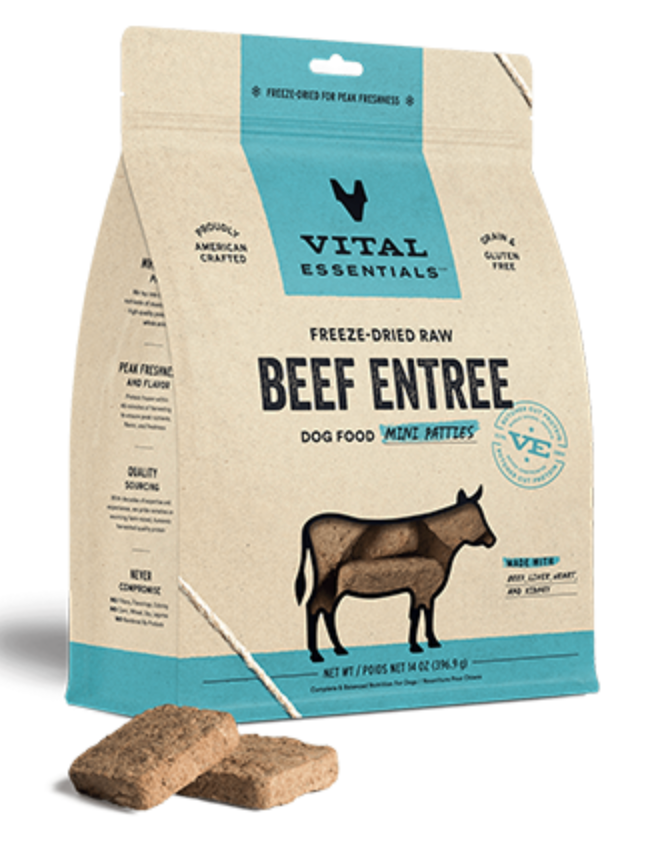 Vital Essentials Freeze-Dried Raw Beef Mini Patties Grain-Free Dog Food - 14oz (396.8g) | High-Protein Natural Treats for Small & Medium Dogs | Perfect for Training, Travel & Digestive Health