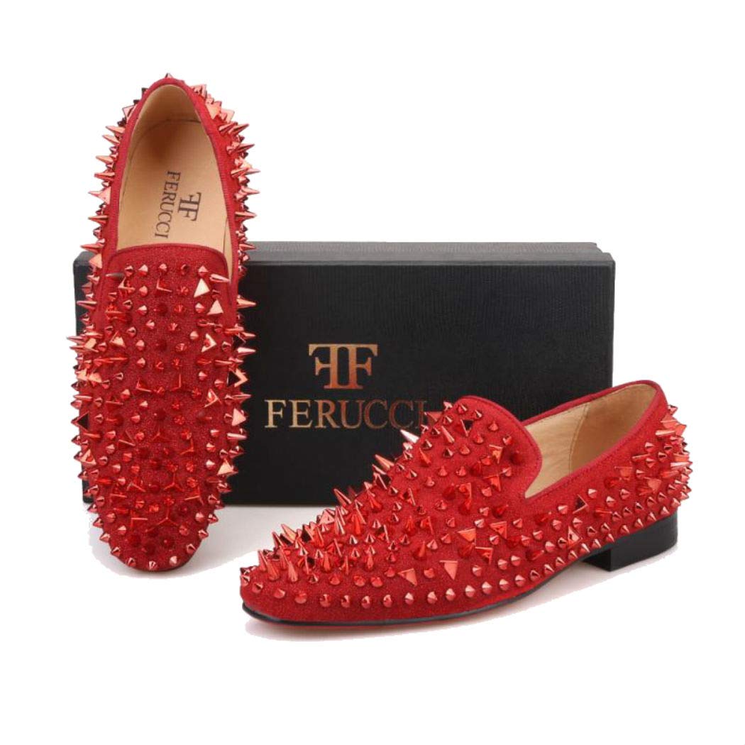FERUCCI Men's Red Velvet Loafers with Spikes - Comfortable House Slippers for Indoor/Outdoor Wear - Perfect for Lounge, Home, and Casual Occasions