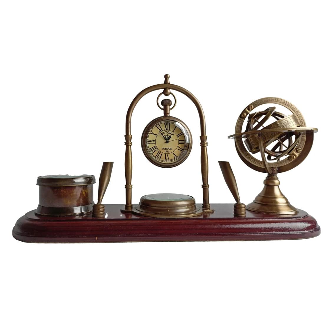 Vintage Nautical Brass Desk Pen Holder with Clock, Compass & Armillary Sphere Globe - Handmade Wooden Base Office Decor - Perfect Gift for Mom, Dad, Writers & Collectors - Ideal for Home Office, Study Room & Executive Desk Decor