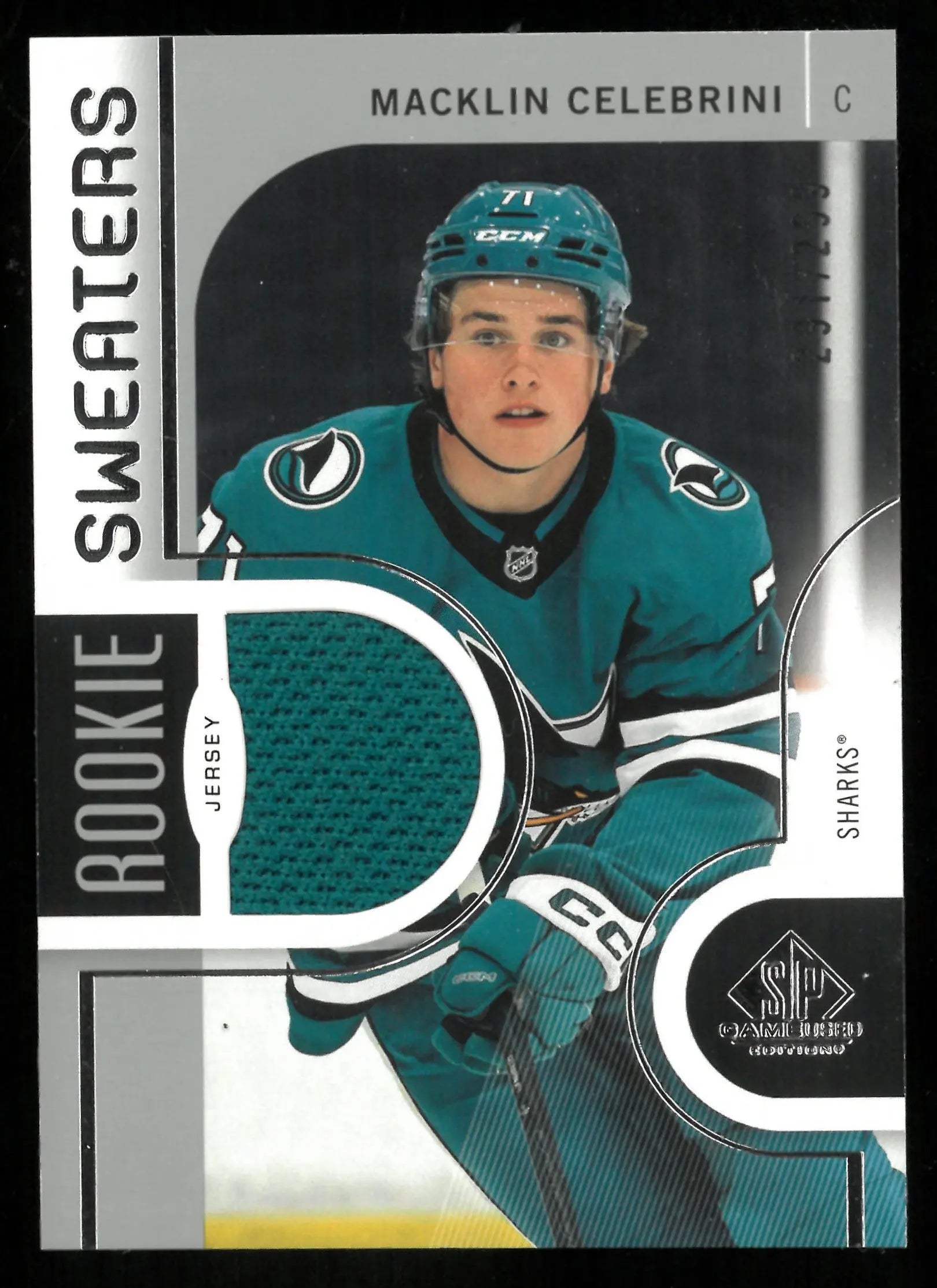 2024 Upper Deck SP Game Used Macklin Celebrini Rookie Sweaters Jersey Card /299 - Collectible Hockey Memorabilia for NHL Fans and Sports Card Enthusiasts