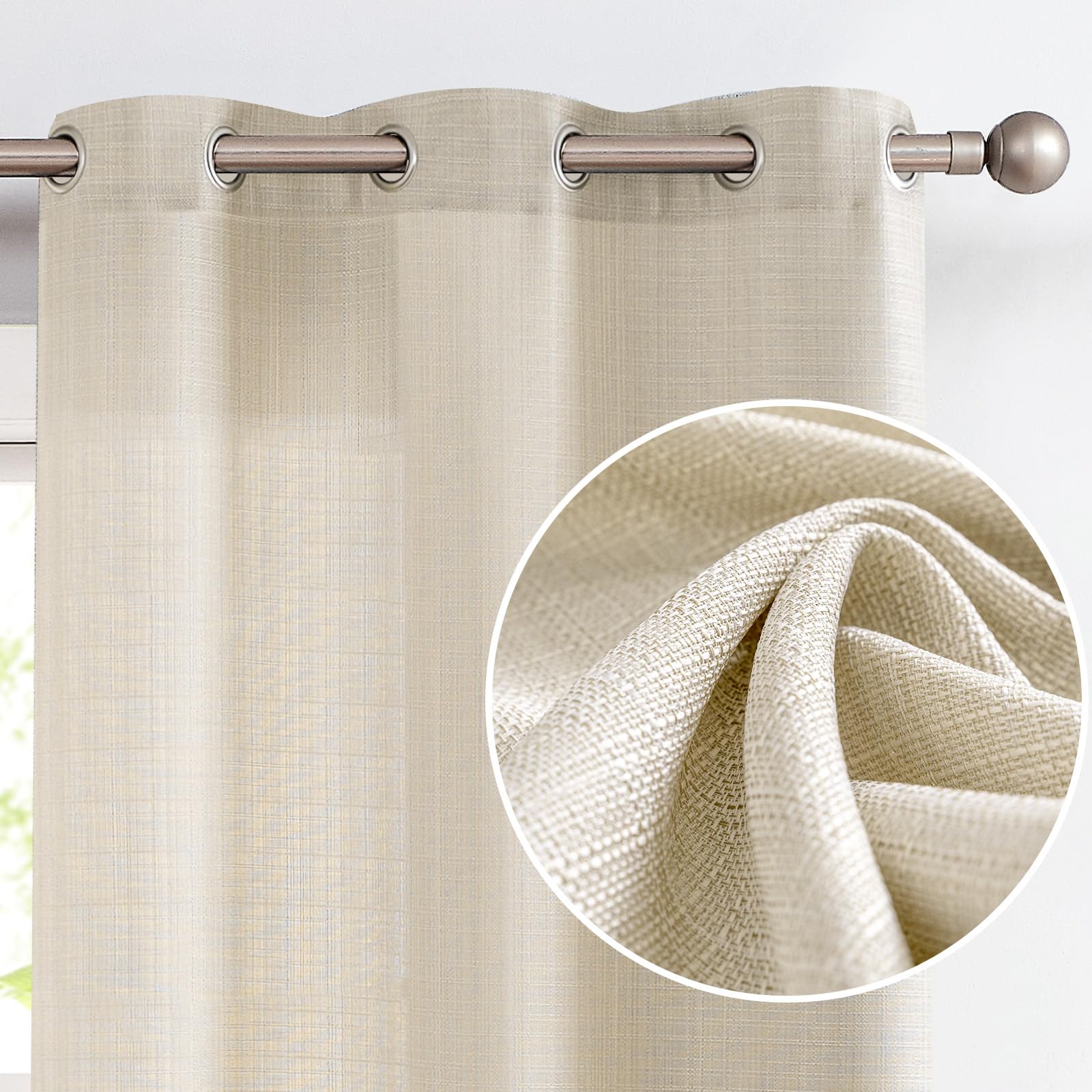 Jinchan Linen Textured Casual Weave Curtains - Light Filtering Grommet Drapes for Living Room & Bedroom (2 Panels, Heathered Beige, 63 Inch Length) - Perfect for Creating Cozy Home Atmosphere & Sun Protection