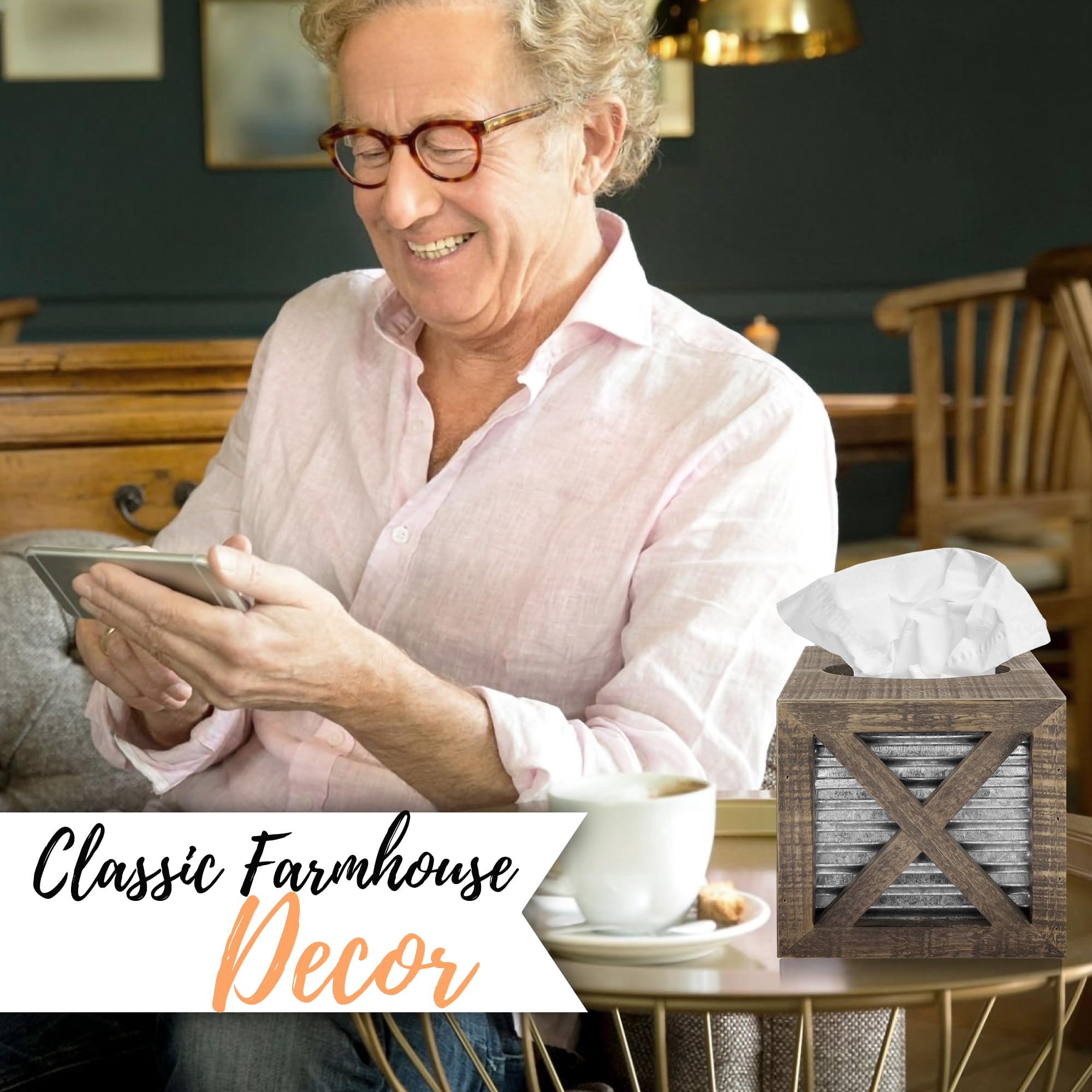 Rustic Square Farmhouse Tissue Box Cover - Wooden Bathroom Tissue Holder with Galvanized Decor for Farmhouse Style Homes | Perfect for Bathroom, Living Room, and Bedroom Décor