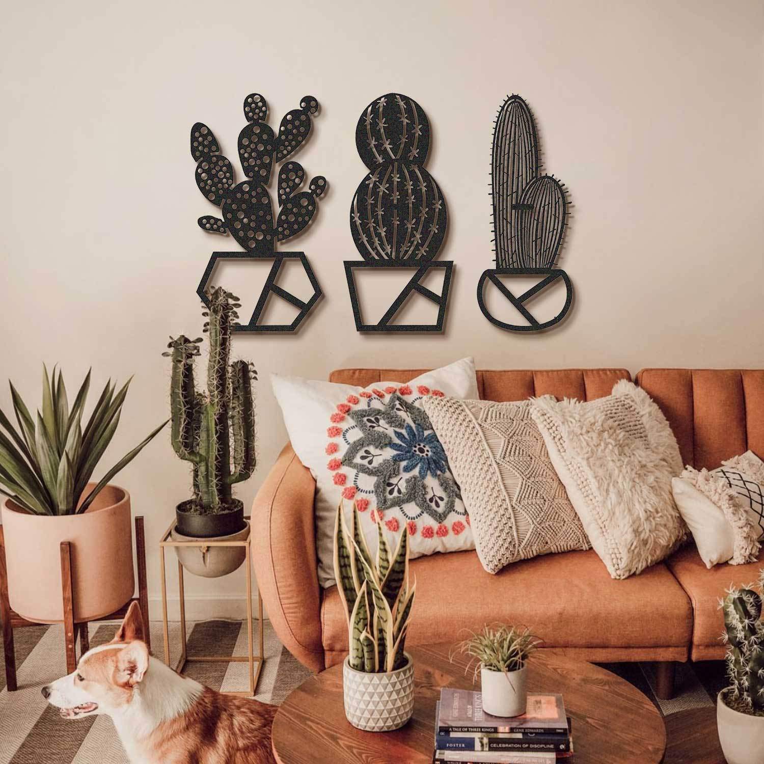 LaModaHome - 3-Piece Cactus Metal Wall Art Set for Living Room, Bedroom, Kitchen & Bathroom Decor - Indoor & Outdoor Wall Hanging Decorations - Perfect for Home, Office, and Garden Spaces