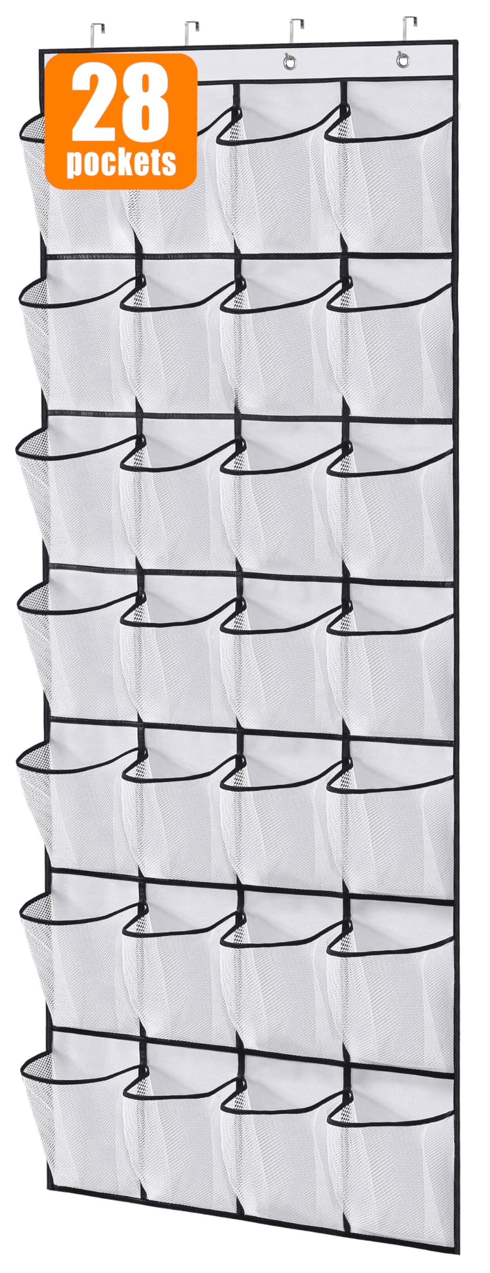 MISSLO 28 Large Pockets Over The Door Shoe Organizer - Hanging Mesh Shoe Rack for Closet Door Storage, Space Saving Shoe Holder (White) - Perfect for Bedrooms, Dorm Rooms & Entryway Organization