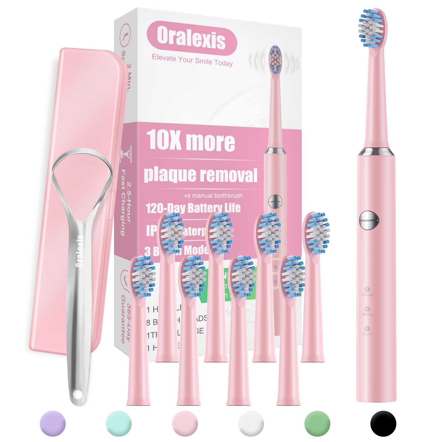 Electric Toothbrush for Adults & Kids - 40,000 VPM Sonic Deep Clean, 8 Brush Heads & Tongue Scraper, 120-Day Battery Life, Fast Charge, Travel-Friendly (Pink) - Perfect for Home, Travel & Family Oral Care