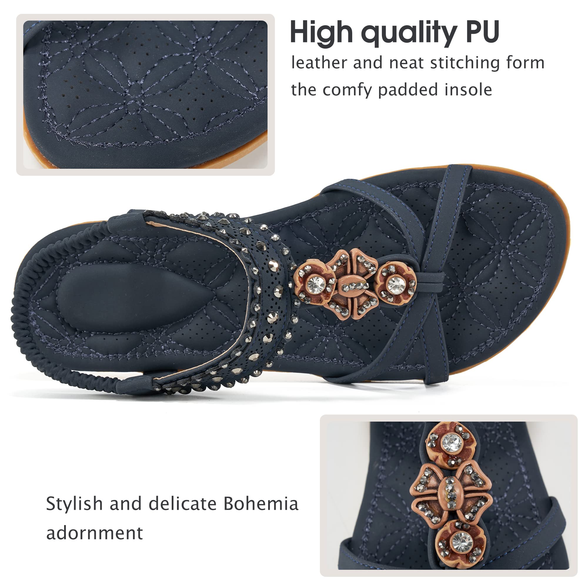 Alicegana Women's Comfortable Non-Slip Sandals - Bohemian Jeweled Flats for Walking, Beach & Summer Casual Wear - Perfect for Vacation, Travel & Outdoor Activities