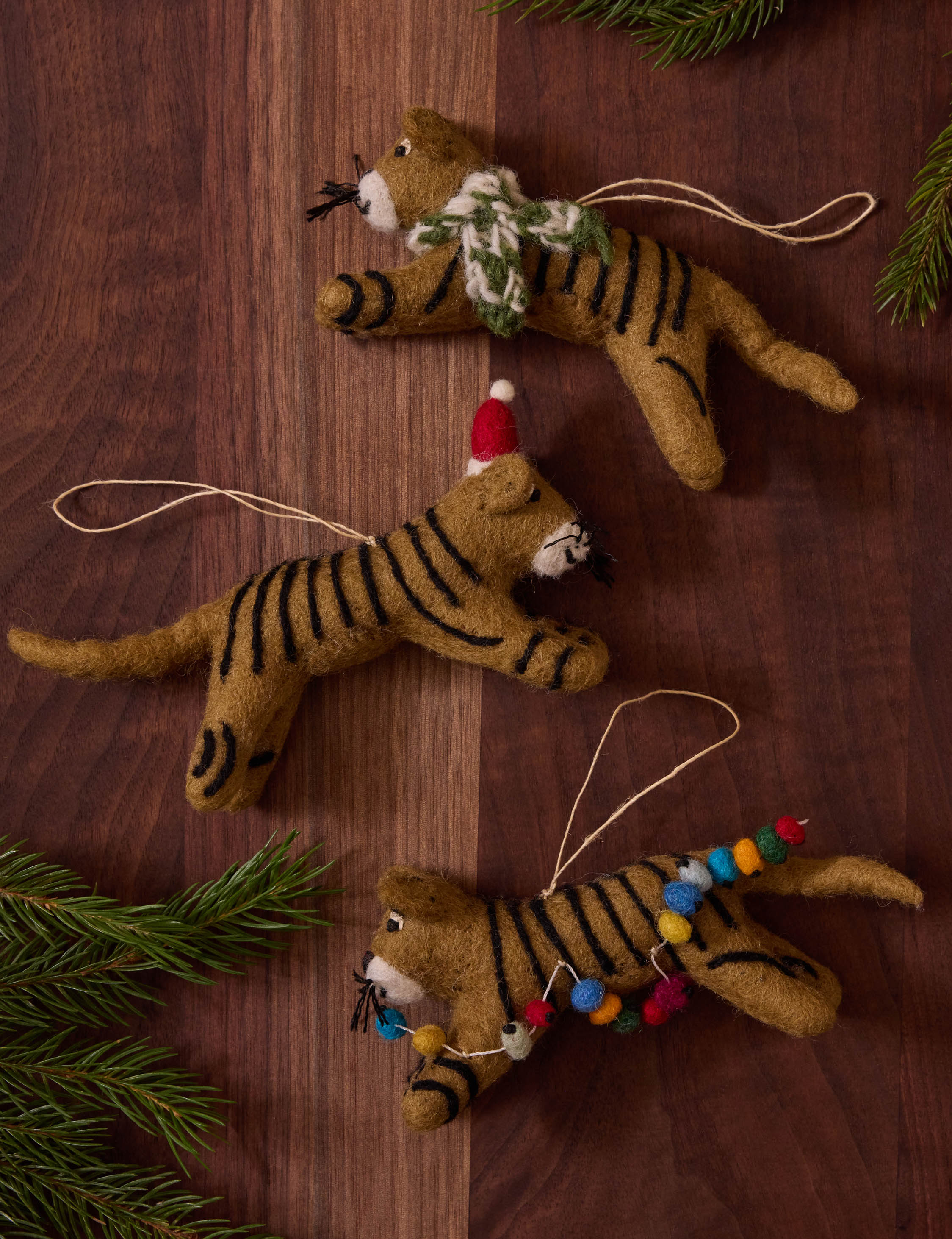 Sarah Sherman Samuel Felt Tiger Trio Ornaments - Set of 3 Handmade Felt Animal Decorations for Christmas Tree, Holiday Home Decor, Nursery & Kids Room