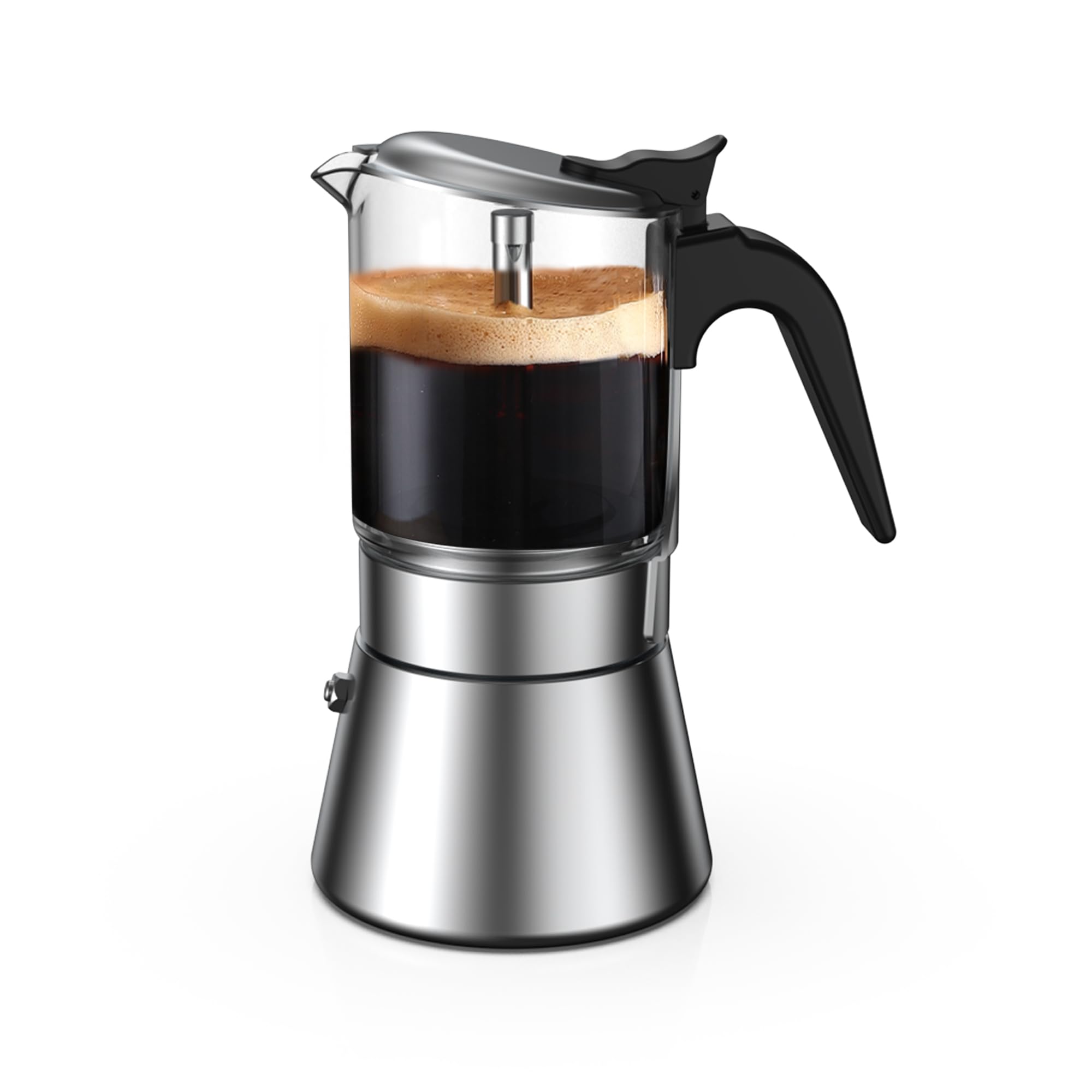Moka Induction Stovetop Espresso Maker - 240ml (6 Cup) Italian Coffee Pot with Crystal Glass Top & Stainless Steel - Perfect for Home, Office & Camping Coffee Brewing