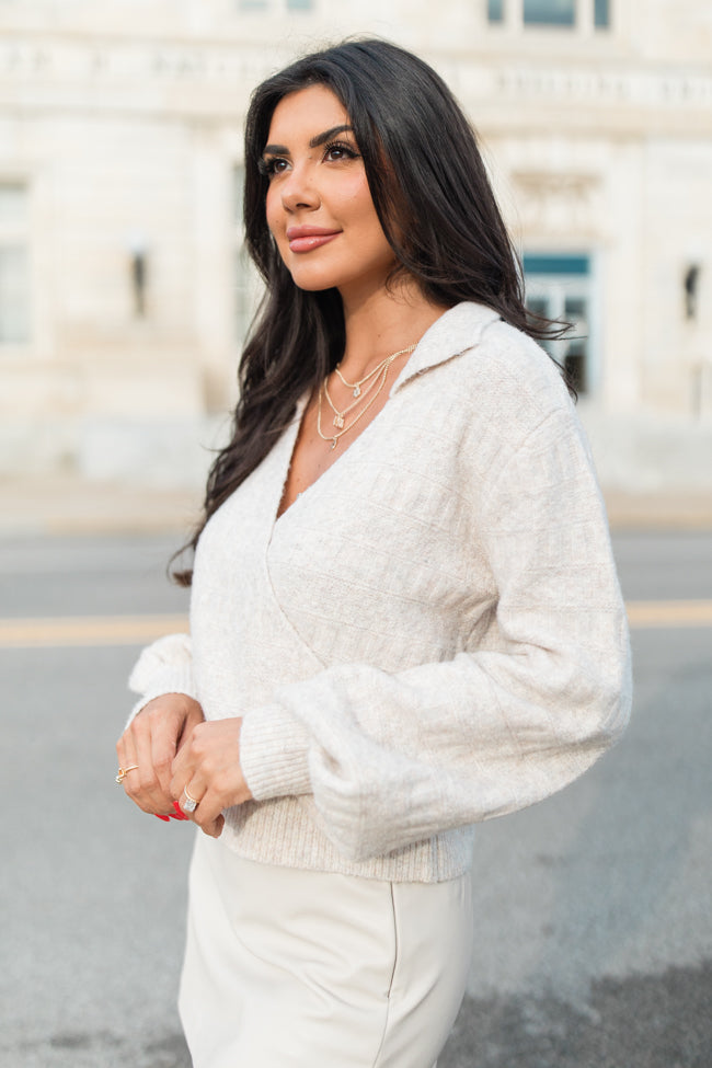 See You Tomorrow Beige Collared Wrap Sweater Women's Knit Cardigan | Cozy Fall & Winter Fashion | Perfect for Office, Date Night & Casual Outings