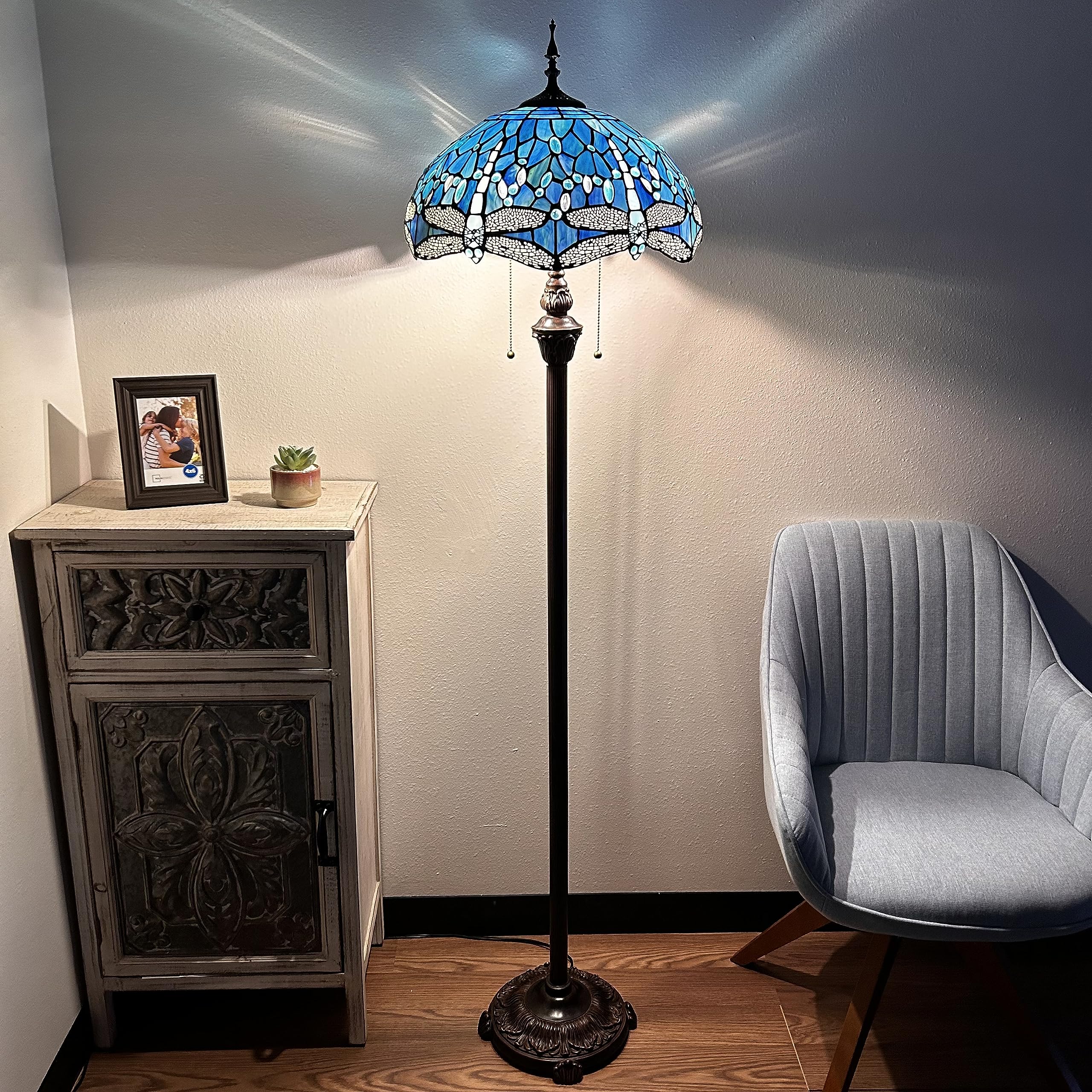 Tiffany Blue Stained Glass Dragonfly Floor Lamp with Metal Base & LED Bulbs - 16