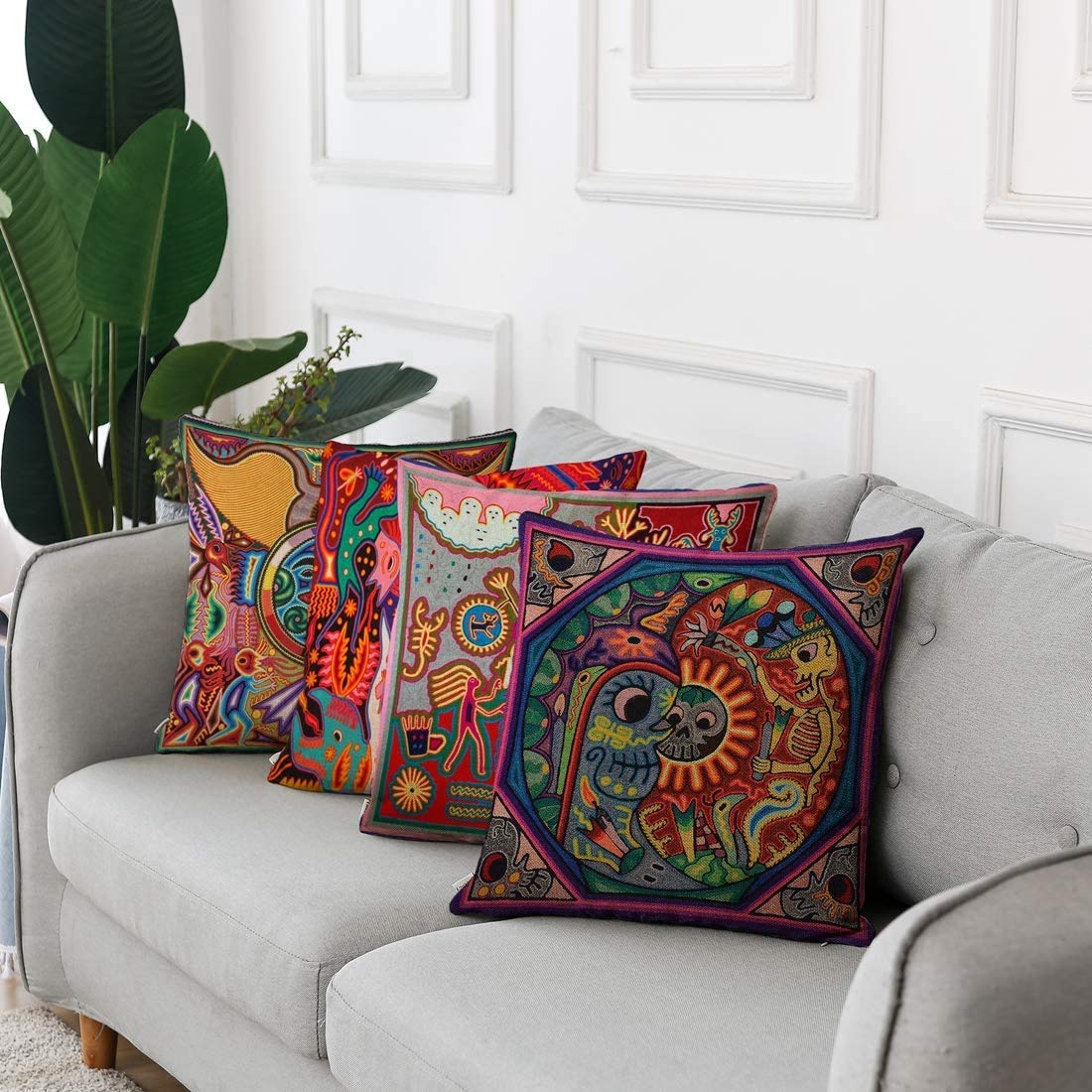 ArtSocket Set of 4 Linen Throw Pillow Covers 20x20 Inches - Mexican Huichol Embroidery Square Decorative Pillow Cases for Sofa, Bed & Home Decor | Boho Chic Living Room & Bedroom Accent Pillows