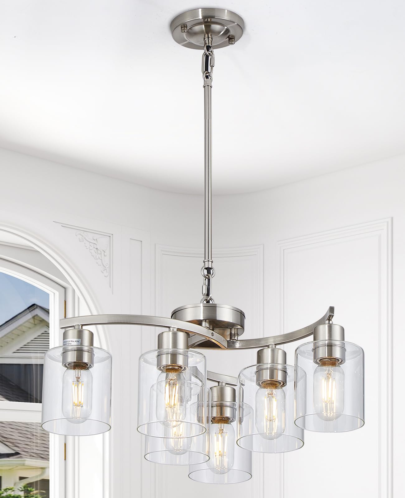 Modern Farmhouse 6-Light Brushed Nickel Chandelier with Clear Glass Shade - Elegant Dining Room Hanging Light, Perfect for Bedroom, Living Room, Kitchen, Hallway & Foyer | Rustic Ceiling Lighting Fixture for Home Decor