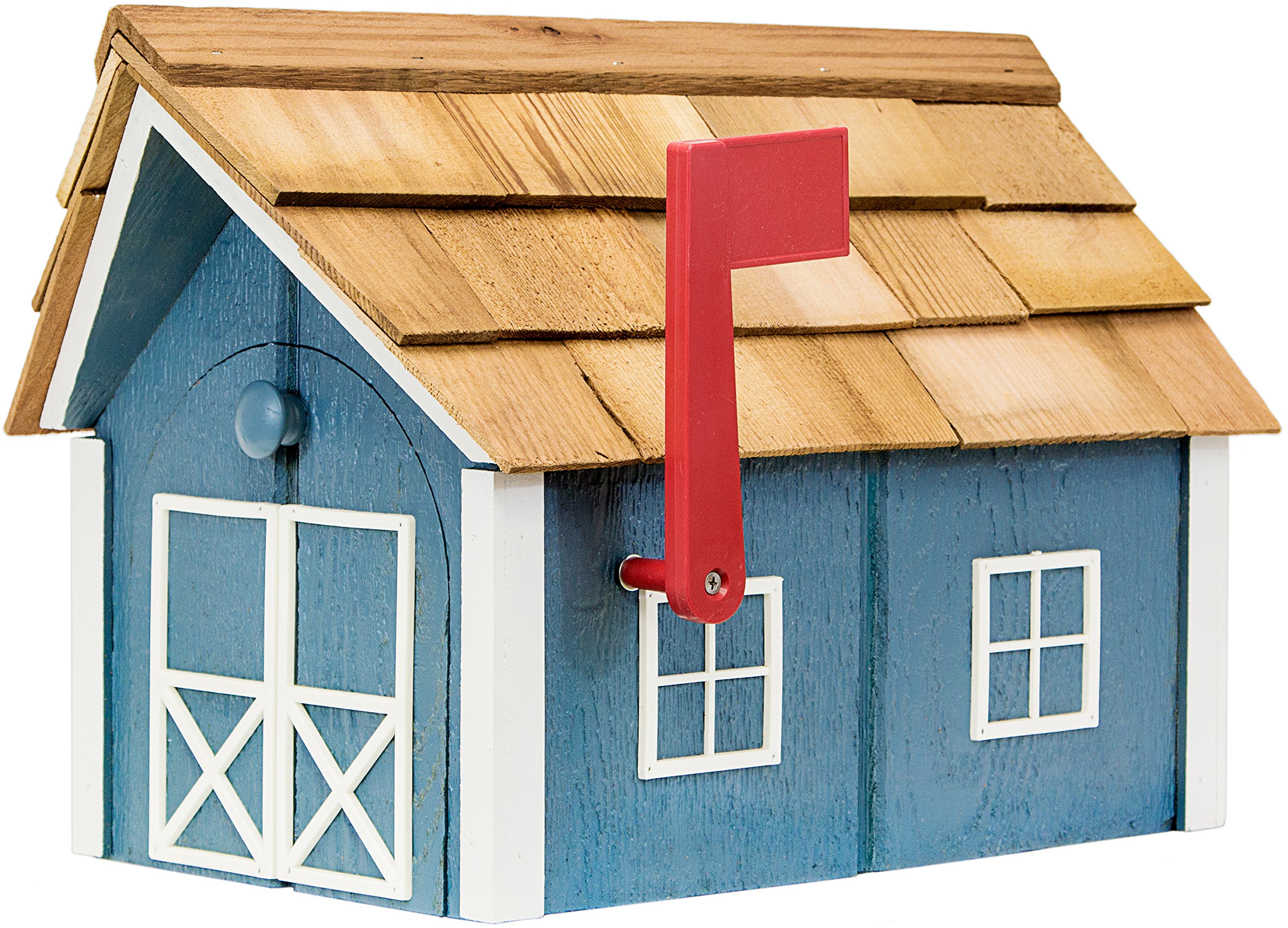Amish-Made Deluxe Post Mount Wooden Mailbox with Cedar Shingles - Wedgewood Blue & White Trim | Rustic Farmhouse Style for Curb Appeal & Home Security