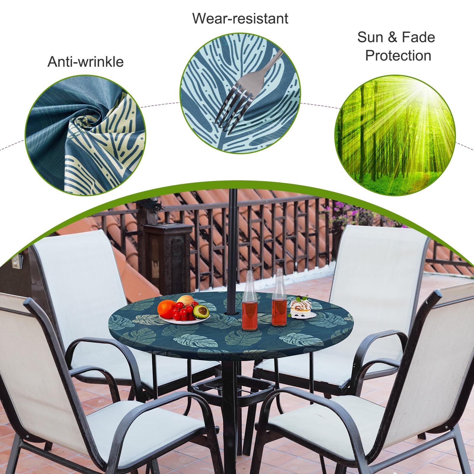 Waterproof Elastic Fitted Round Tablecloth with Umbrella Hole - Outdoor & Indoor Durable Table Cover for Camping, Picnics, Patio Dining, and Backyard Parties