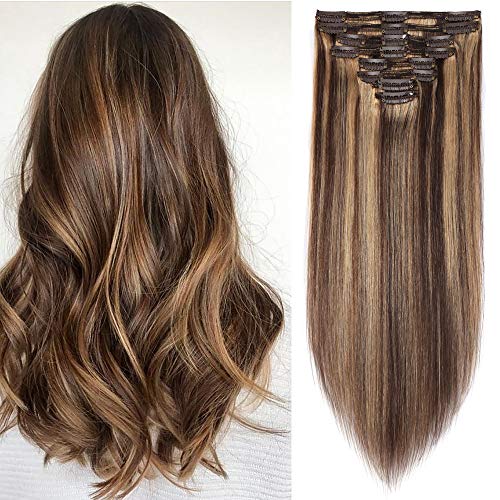 Premium 16-Inch Clip-In Human Hair Extensions - Double Weft Highlights in Medium Brown/Dark Blonde (8PCS, 130g) | Thickened Real Human Hair for Volume & Length | Perfect for Daily Wear, Parties & Special Occasions