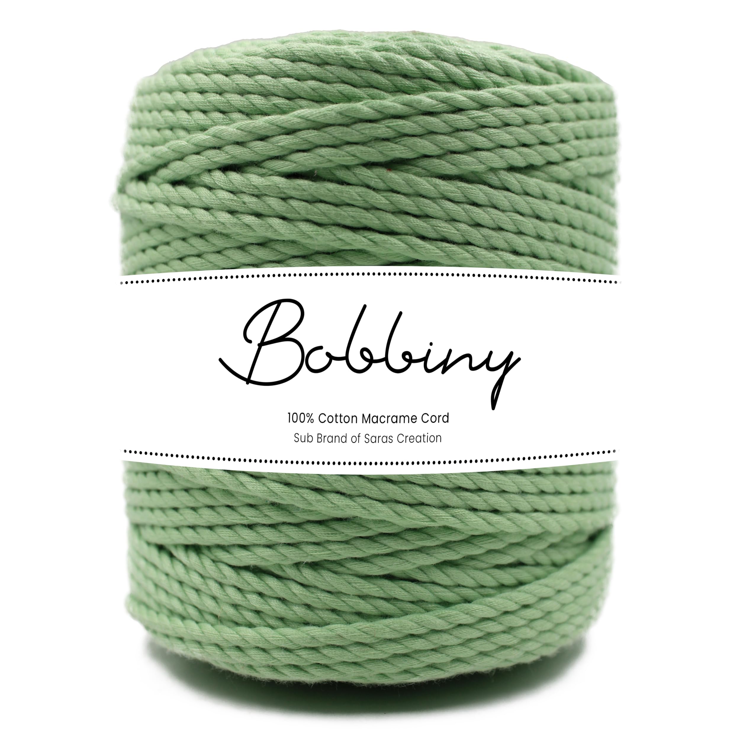 Bobbiny 3 Ply Twisted Macrame Cotton Cord - 4mm Thick, 10 Meter Roll - Natural Mint Green Dori Thread for DIY Wall Hangings, Plant Hangers, Jewelry Making & Home Decor Projects