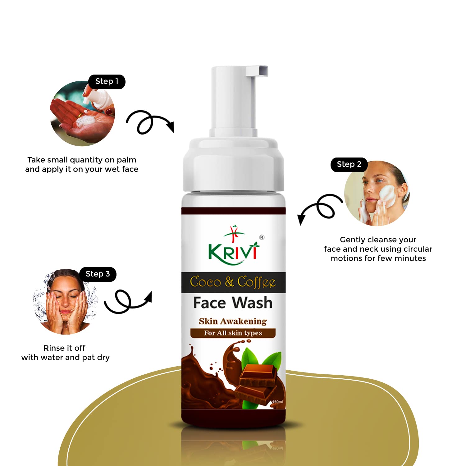 KRIVI Natural Brightening Face Wash with Coconut Extract, Coffee Extract, Vitamin E, Tea Tree Oil & Vitamin B5 - Paraben-Free 150ml for Glowing Skin | Daily Cleansing & Hydration for All Skin Types