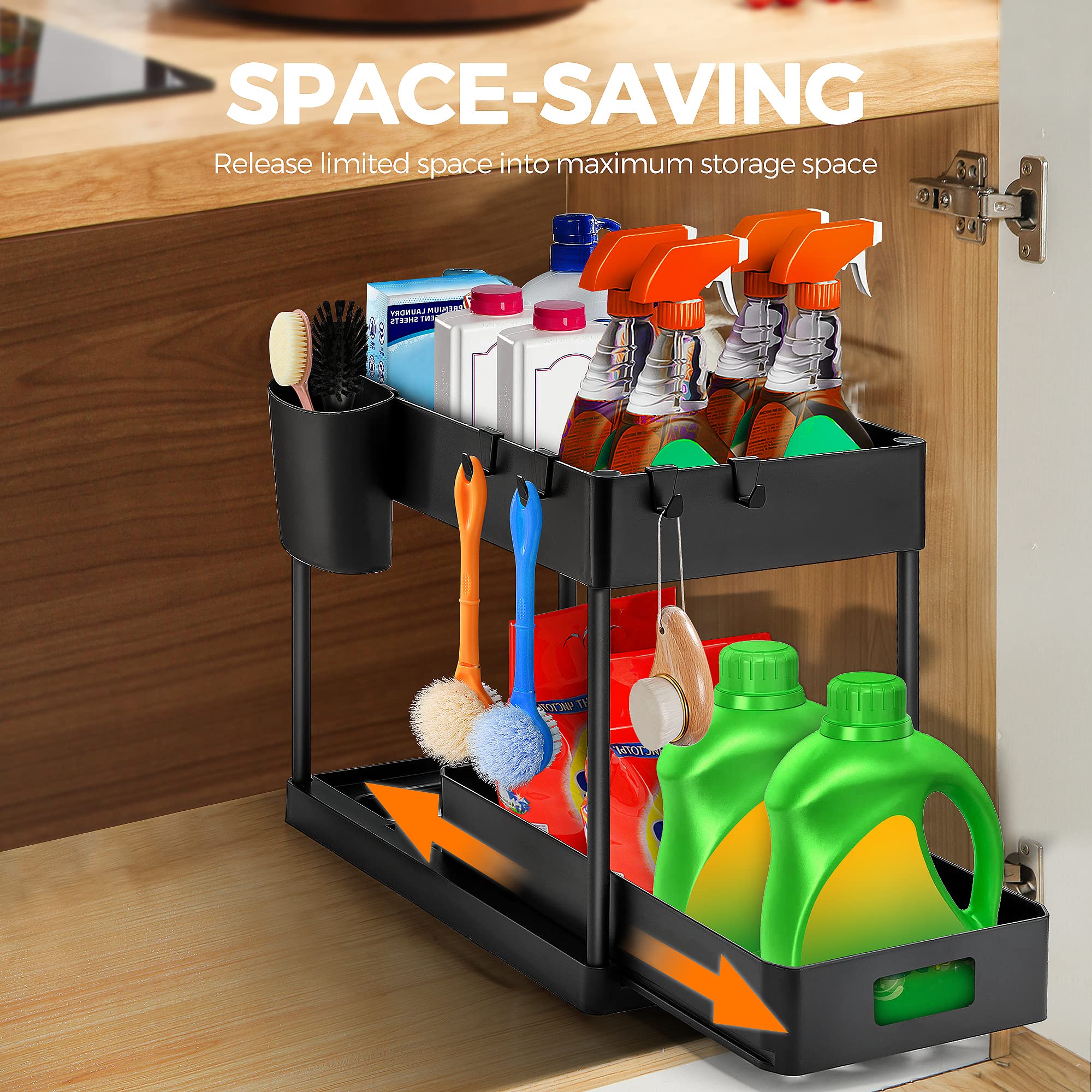 Ravinte 2-Pack Pull-Out Under Sink Organizer - 2-Tier Sliding Cabinet Storage for Bathroom & Kitchen - Includes Hooks & Hanging Cup - Matte Black - Perfect for Small Space Organization Under Sink