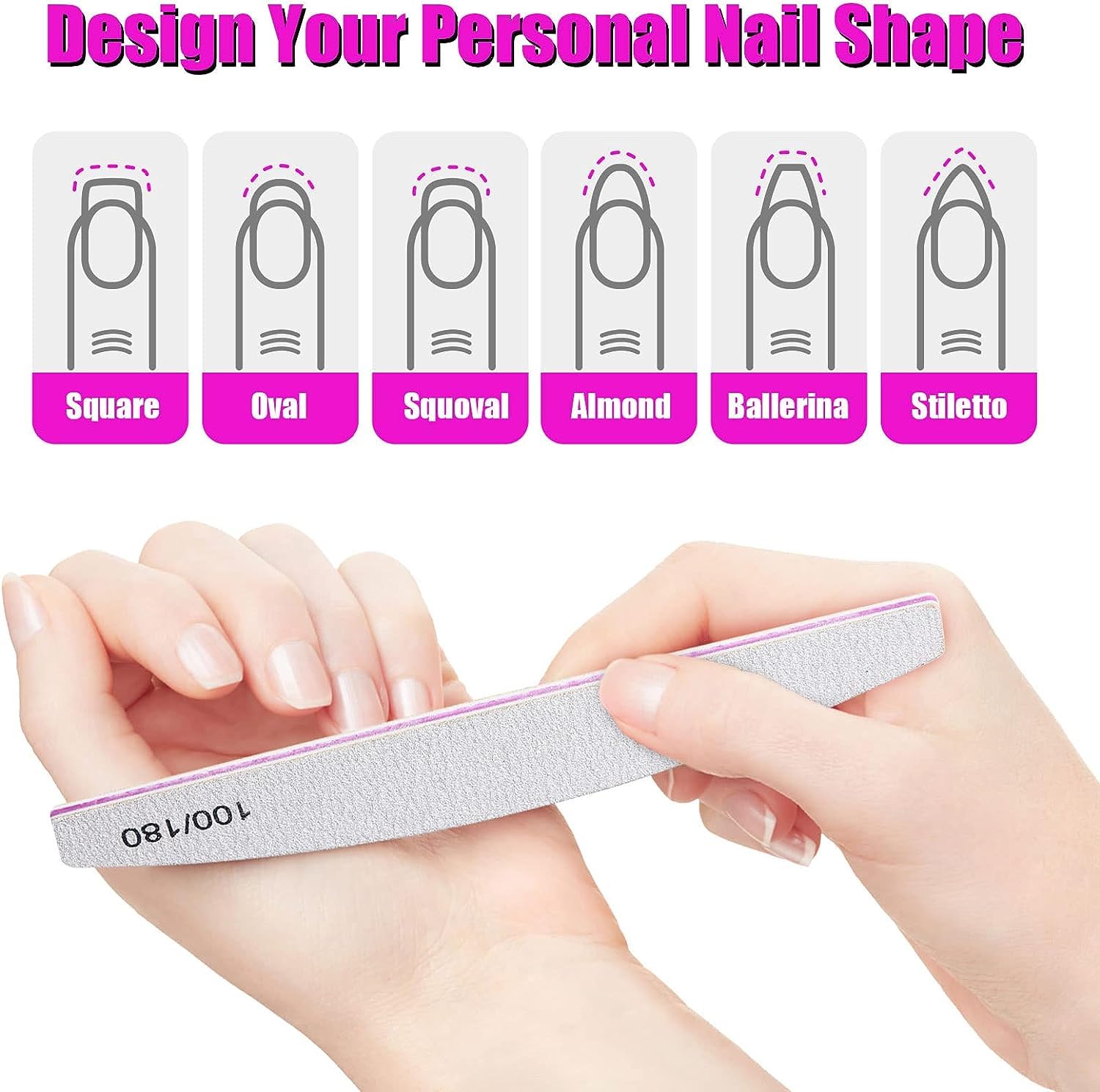 Gleevia 10Pcs Professional Nail Files Set - 100/180 Grit for Natural & Acrylic Nails - 5 Shape Manicure & Pedicure Kit for Home & Salon Use