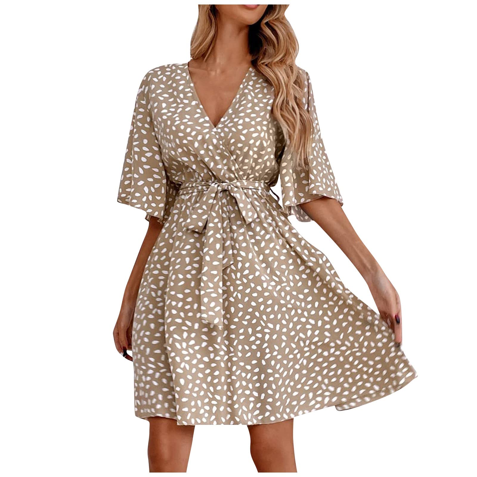 Elegant Women's Wedding Guest Dress - Casual Loose Fit Short Sleeve V-Neck Printed Dress with Belt | Perfect for Summer Weddings, Garden Parties & Special Occasions