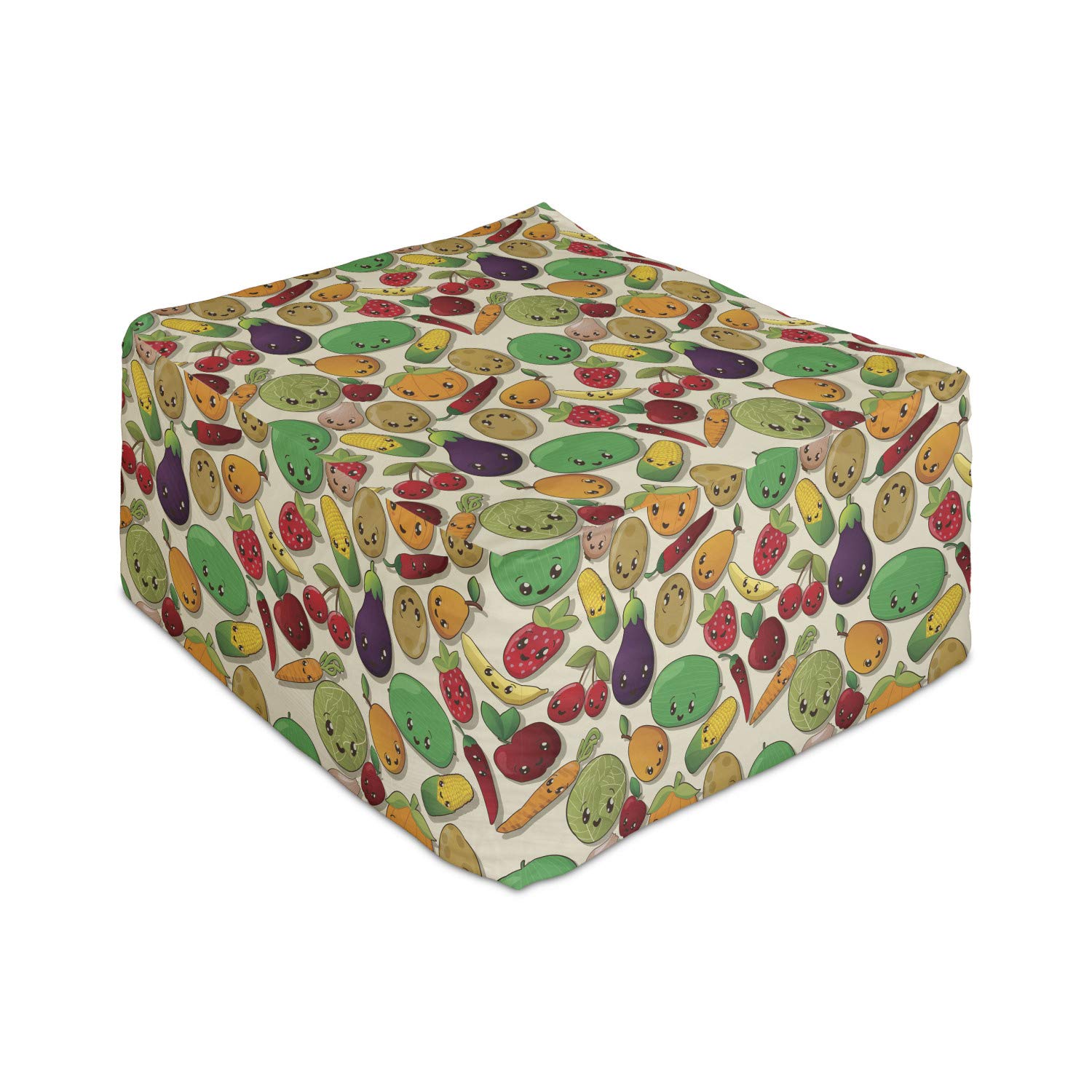 Ambesonne Anime Rectangle Pouf - Kawaii Fruit & Vegetable Character Foot Stool with Removable Cover, 25 Inch Multicolor Ottoman for Living Room, Office & Gaming Setup - Perfect Under Desk Footrest for Home, Dorm & Workspace