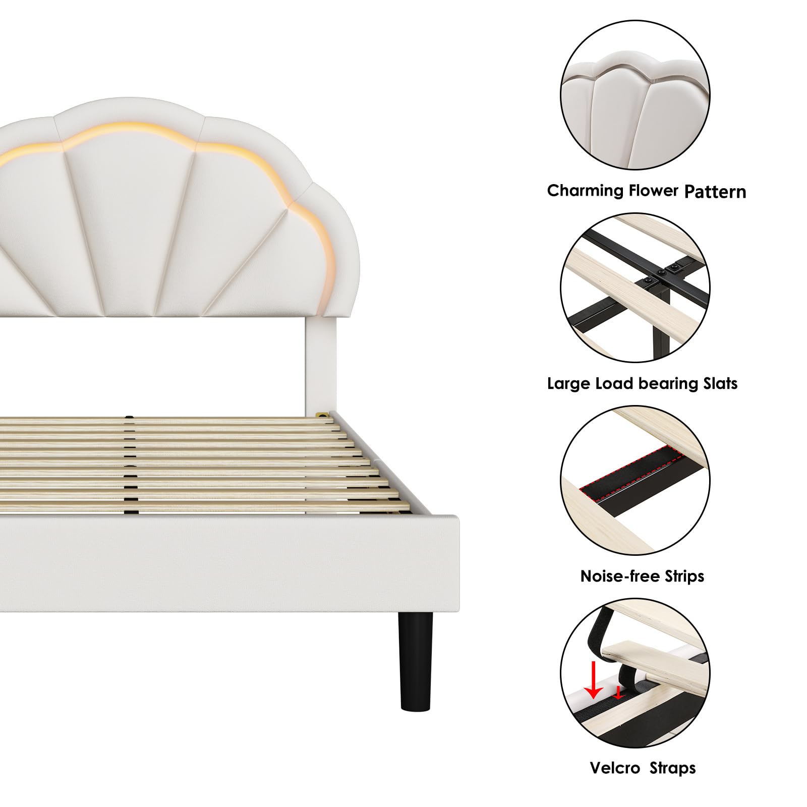 HIFIT Twin Upholstered Smart LED Bed Frame with Adjustable Chic Petal Headboard - Princess Twin Size Platform Bed for Kids & Girls - Wooden Slats Support - No Box Spring Needed - Easy Assembly - Beige - Perfect for Bedrooms, Dorm Rooms & Kids' Rooms
