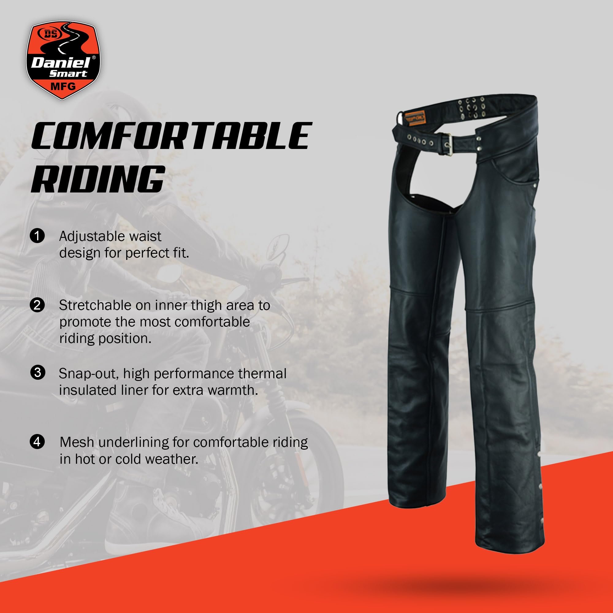 Daniel Smart Motorcycle Leather Chaps - All Season Unisex Biker Pants with Adjustable Fit & Jean Style Pockets for Harley, Cruiser & Touring Rides