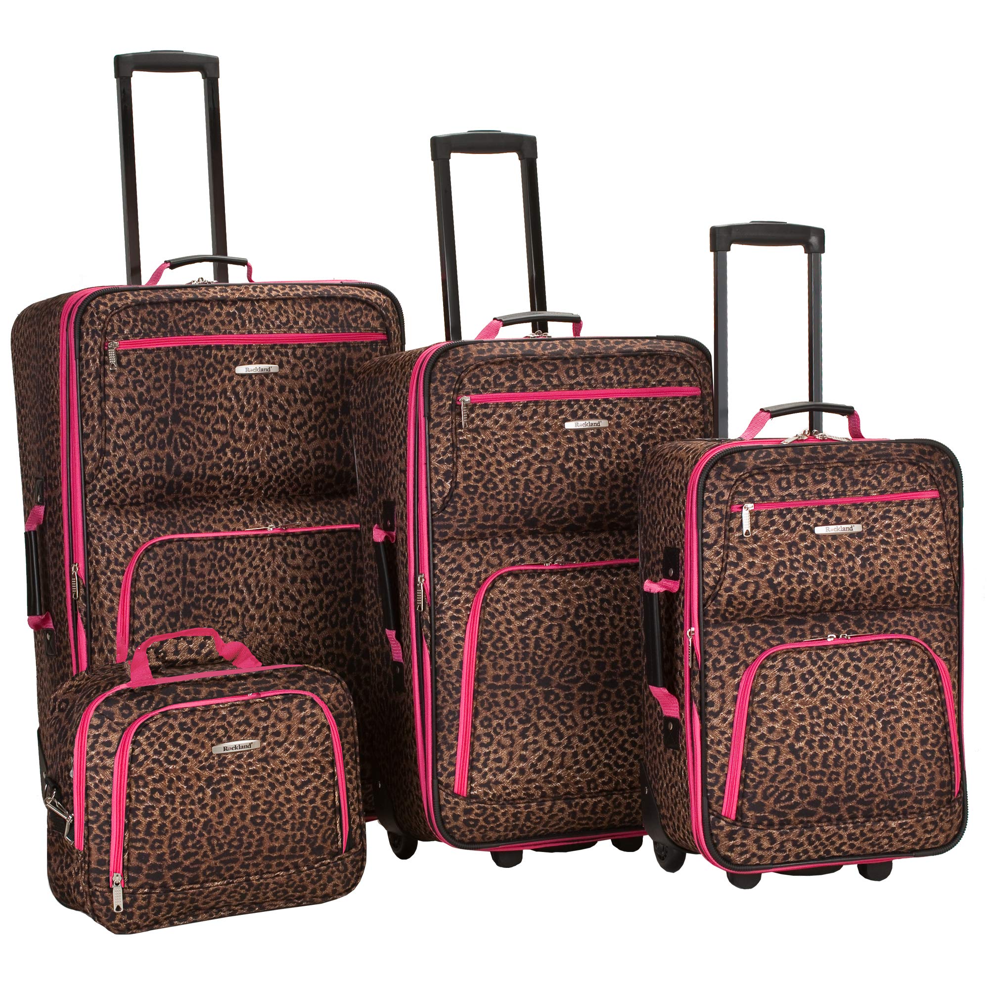 Rockland Jungle Softside Upright Luggage Set - 4-Piece Pink Leopard Print Suitcase (14/29/24/28 Inch) for Travel, Vacation & Business Trips - Lightweight Durable Spinner Luggage with TSA Lock