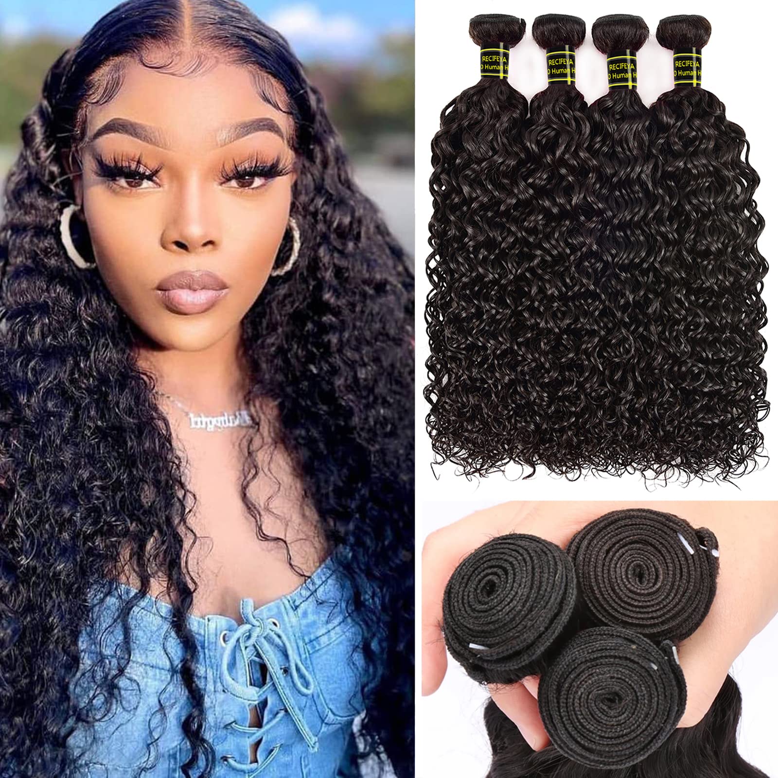 100% Brazilian Virgin Human Hair Extensions - Water Wave 4 Bundles (22, 24, 26, 28 Inch) Unprocessed Curly Wave Natural Color for Women | Perfect for Daily Wear, Parties & Special Occasions