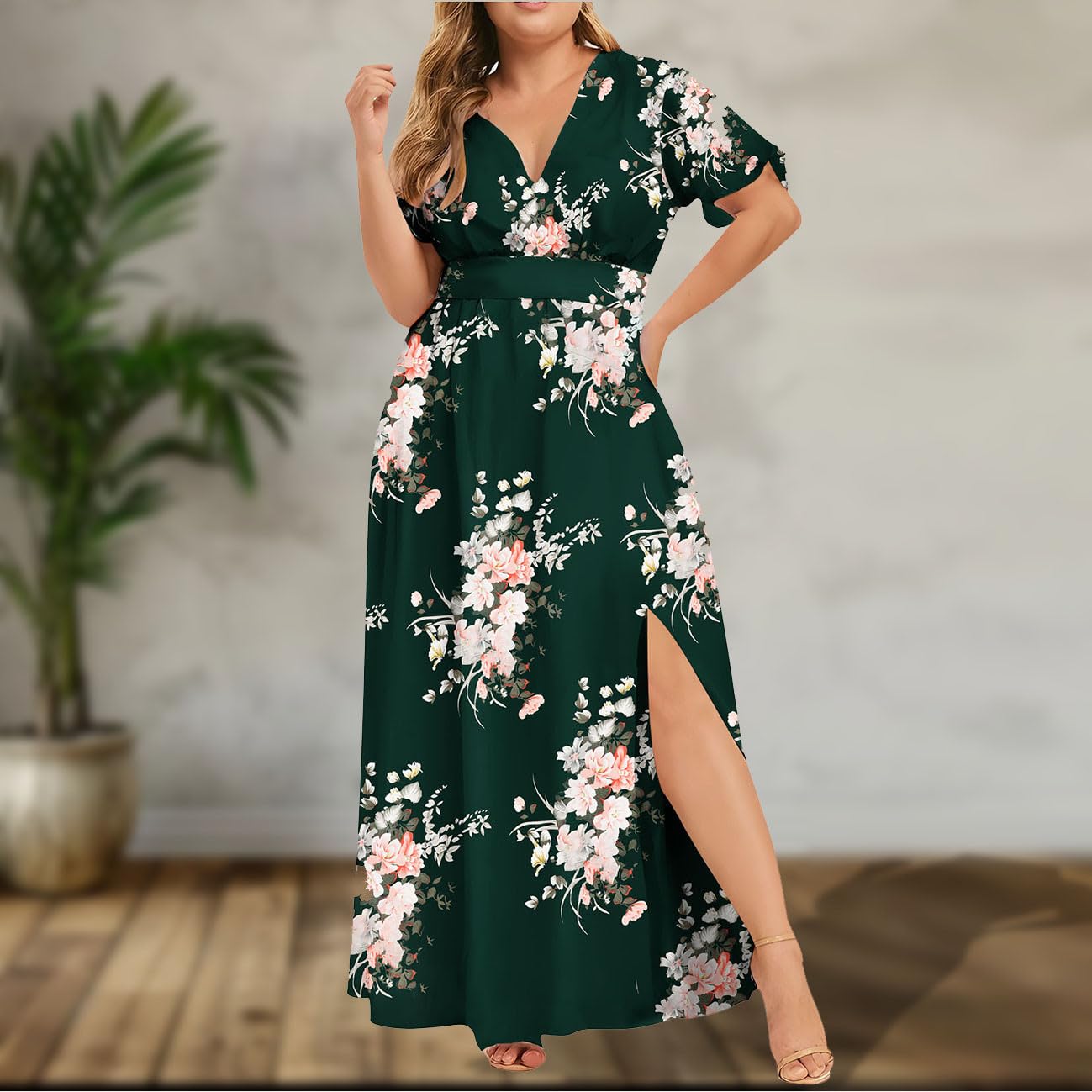 Floral Plus Size Maxi Dress for Women - Short Sleeve Floral Print Wedding Guest Dress - Perfect for Summer Weddings, Garden Parties & Special Occasions