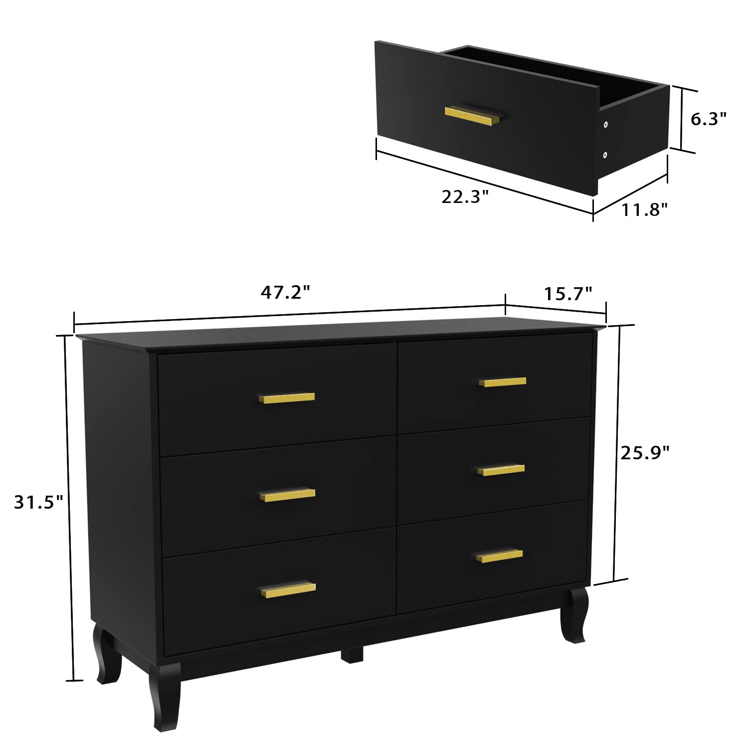 AIEGLE 6-Drawer Wooden Dresser with Sturdy Wood Legs - 47.2