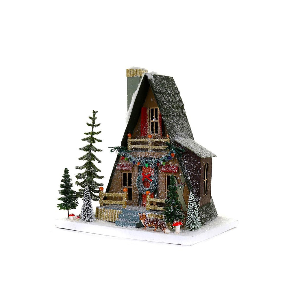 Vintage A-Frame Cabin Christmas Putz House - Miniature Holiday Village Decor for Mantel, Tabletop & Winter Wonderland Displays