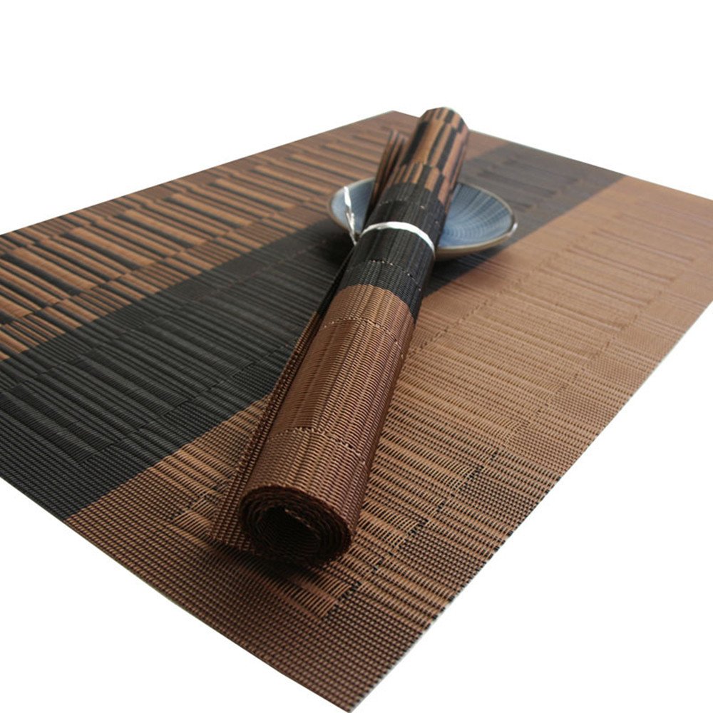 Premium PVC Woven Vinyl Placemats Set of 6 - Heat-Resistant, Non-Slip Table Mats for Dining, Kitchen & Outdoor Use (Brown & Black) - Perfect for Everyday Meals, Dinner Parties & Picnics