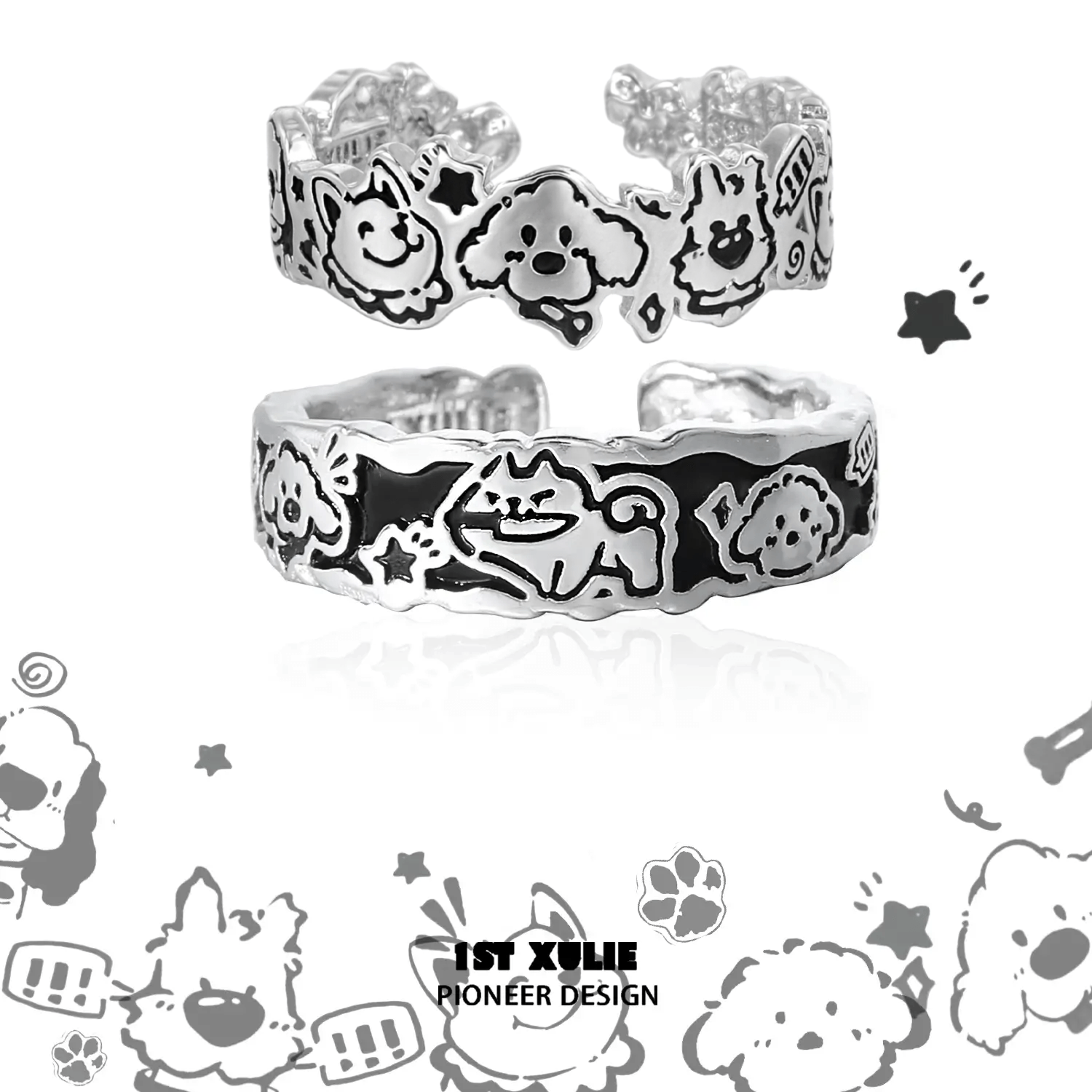 Graffiti Puppy S925 Sterling Silver Happy Dog Ring for Women - Trendy Animal Jewelry Gift for Dog Lovers, Perfect for Daily Wear & Special Occasions