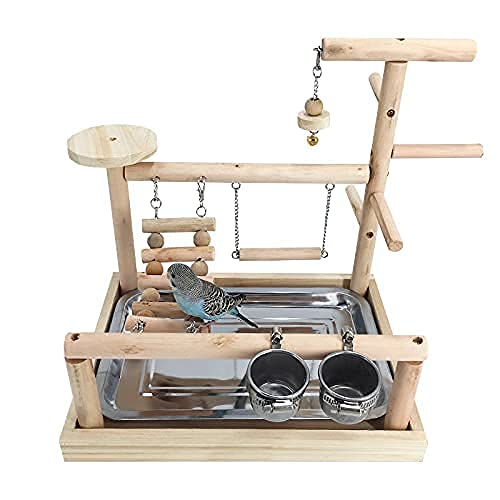 Premium Wooden Parrot Playstand with Ladder, Feeder Cups & Toys - Bird Play Gym, Exercise Perch & Playground for Parakeets, Cockatiels, Conures - Perfect for Cage-Free Playtime & Training Sessions