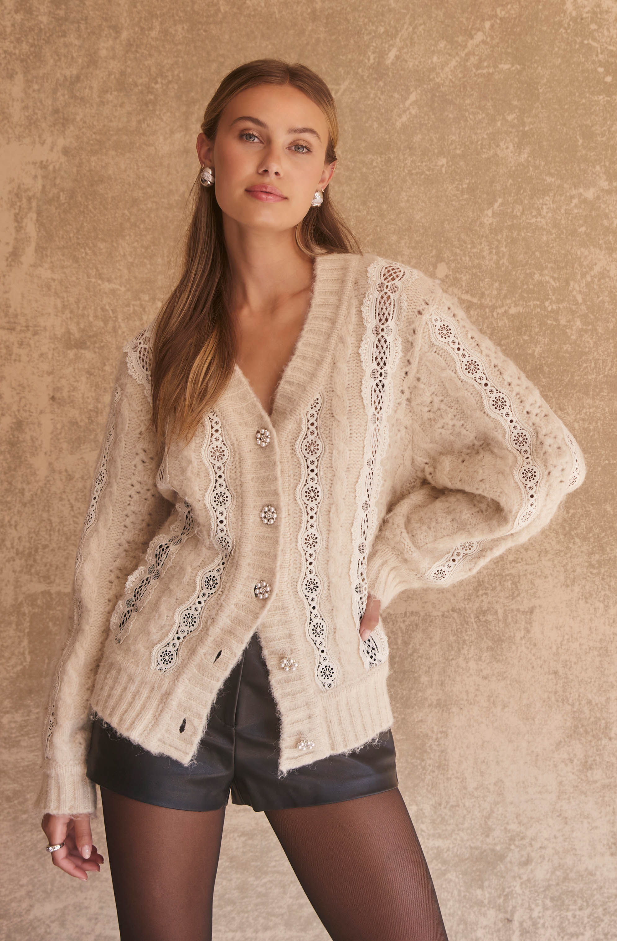 Elegant Nesmarie Lace Embellished Cardigan for Women - Soft Knit Open Front Sweater | Perfect for Office, Date Night & Special Occasions