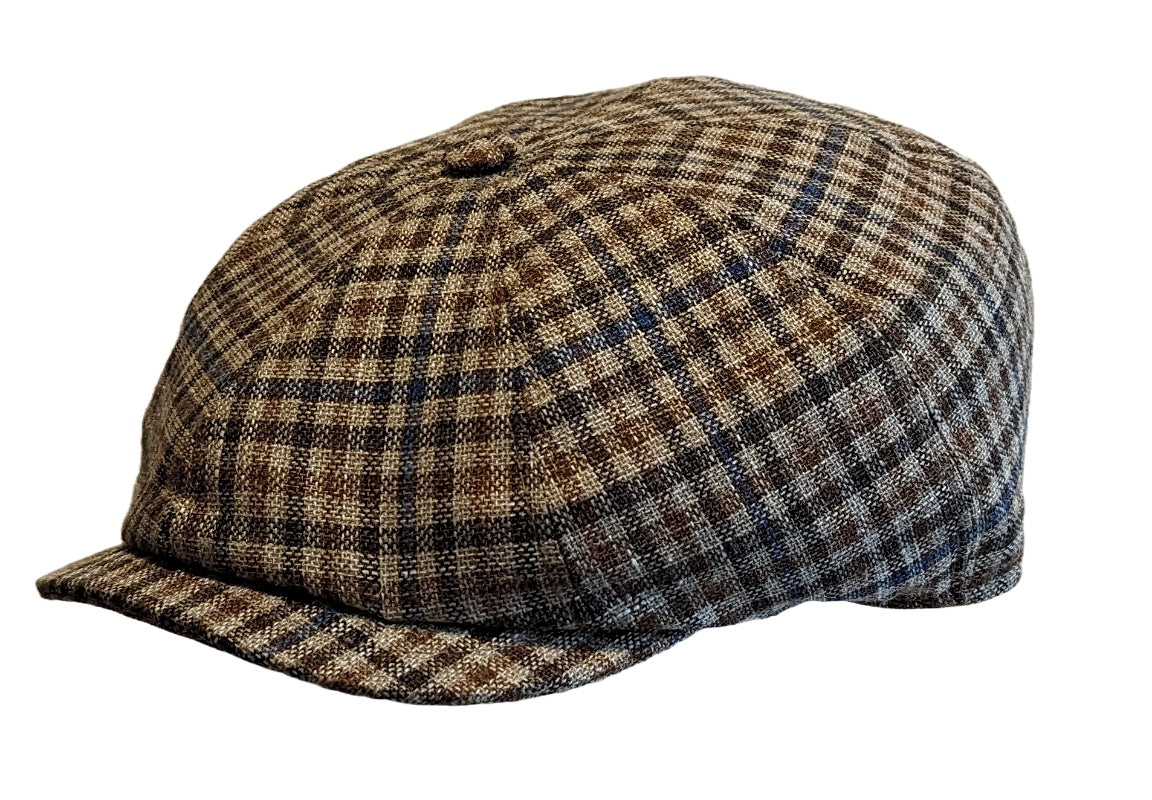Lightweight Virgin Wool & Linen Classic Multi-Tan Check Baker Boy Cap - Vintage Style Newsboy Hat for Men & Women - Perfect for Fall, Winter & Outdoor Activities