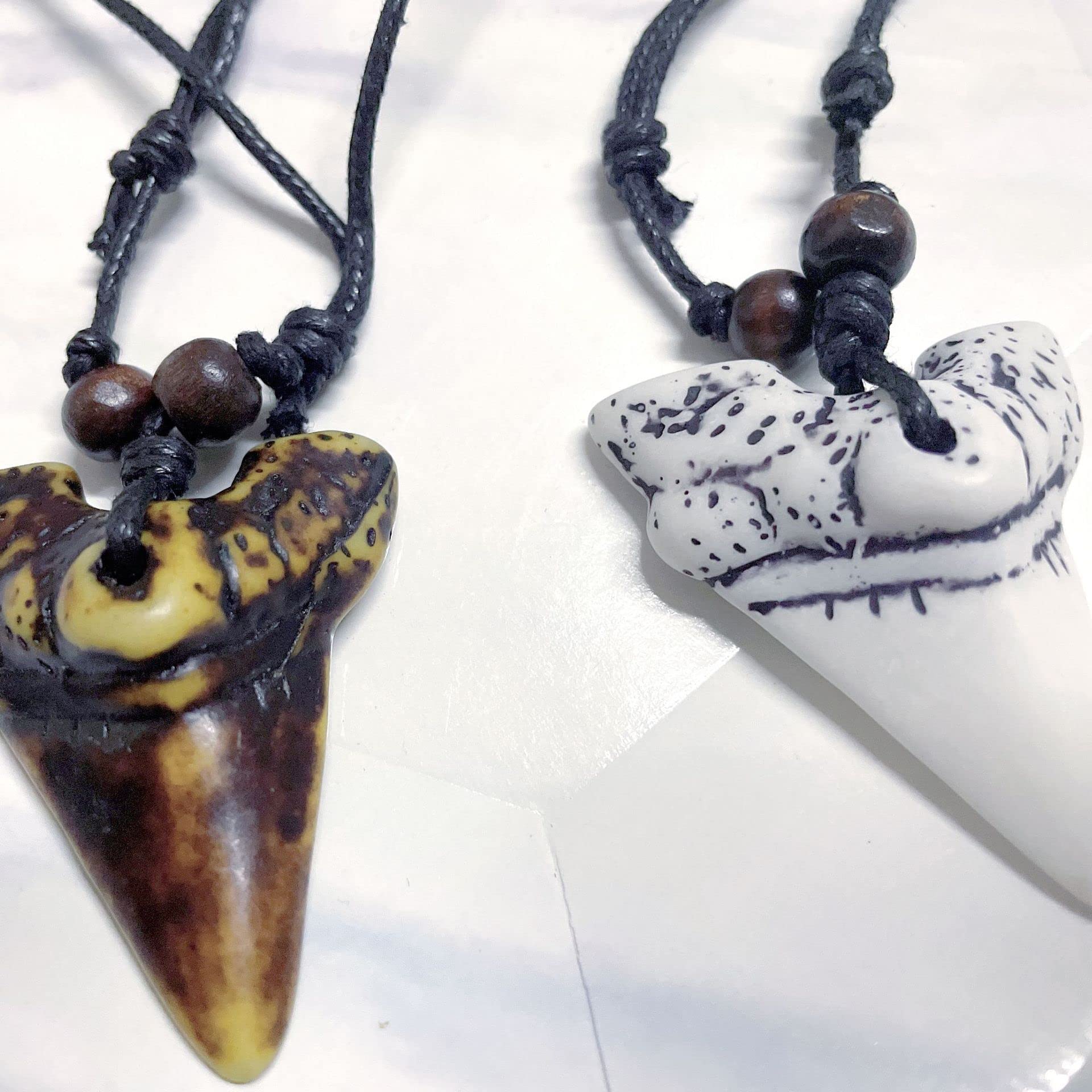 2-Piece Shark Tooth Pendant Necklace Set - Wax Rope & Leather Surfer Necklaces for Men & Women - Beach Resin Tooth Shaped Jewelry - Perfect for Summer, Surfing, Beach Parties and Boho Fashion Accessories