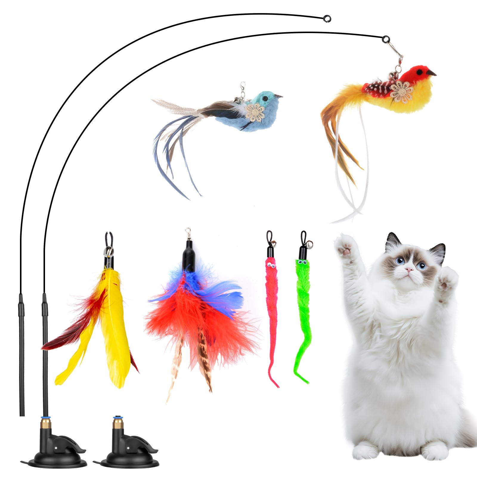 10PCS Interactive Cat Feather Toys with 2PCS Detachable Suction Cups & 6PCS Bell Teaser Refills - Perfect for Indoor Play, Exercise & Bonding with Your Kitty