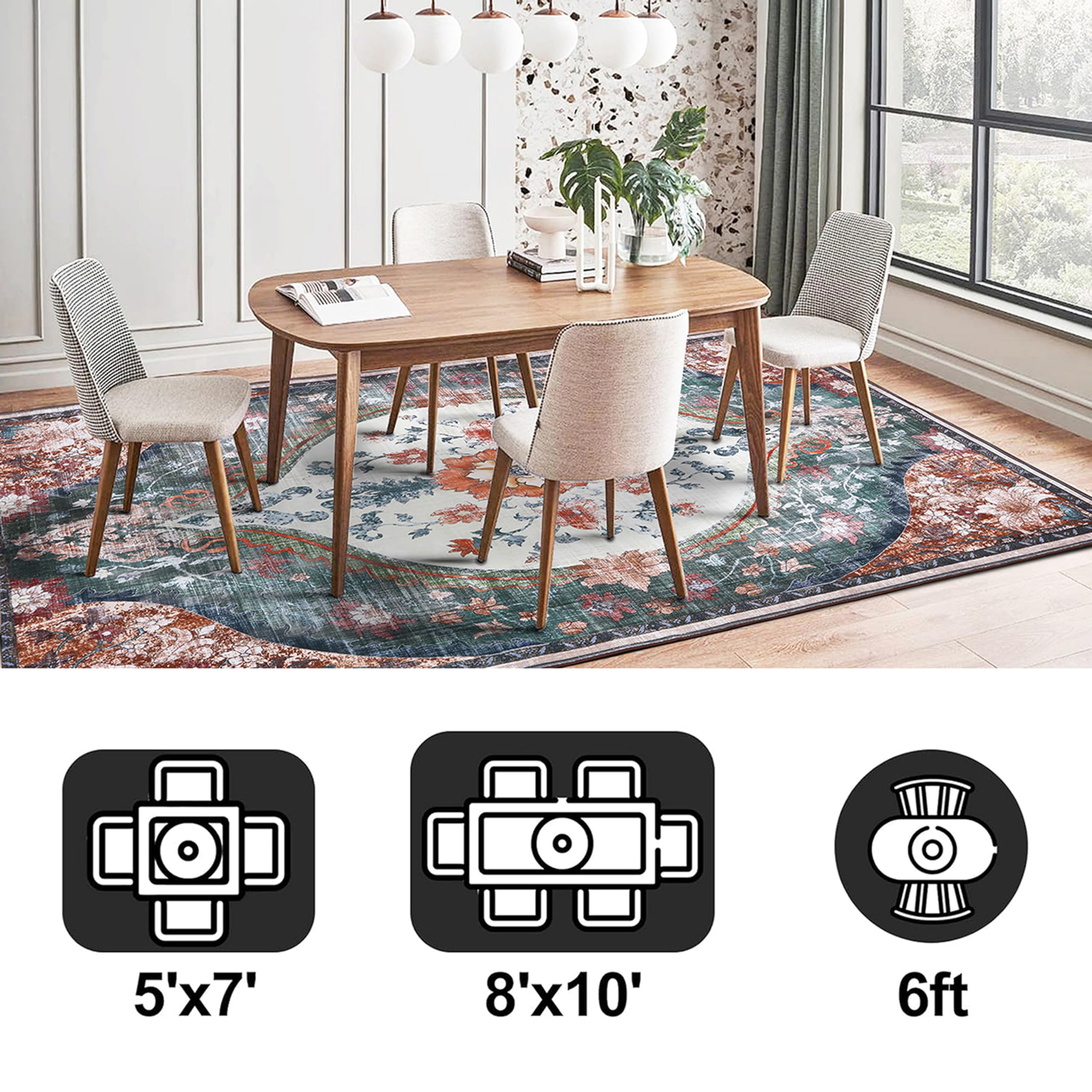 8x10ft Boho Washable Non-Slip Area Rug - Distressed Printed Carpet for Living Room, Dining Room, Bedroom & Playroom | Indoor Home Decor (Beige/Orange) | Perfect for Bohemian Style Homes & Cozy Spaces