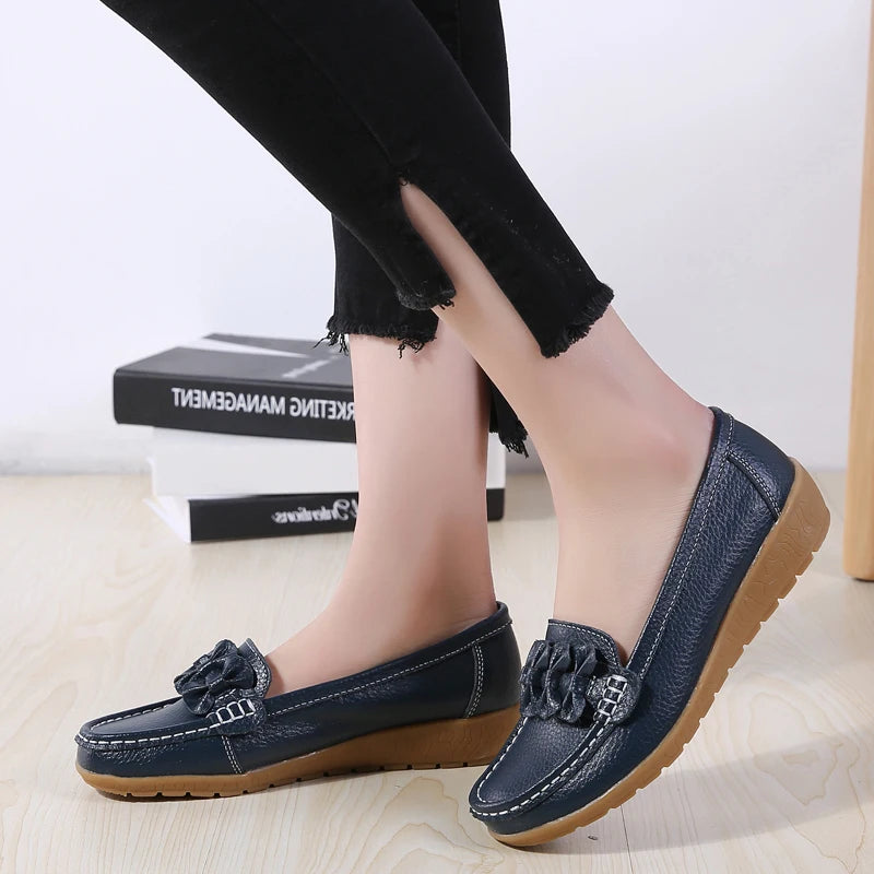 Genuine Leather Women's Loafers - Soft Non-Slip Boat Shoes with Sturdy Sole | Comfortable Flats in Extended Sizes | Perfect for Office, Travel & Casual Wear