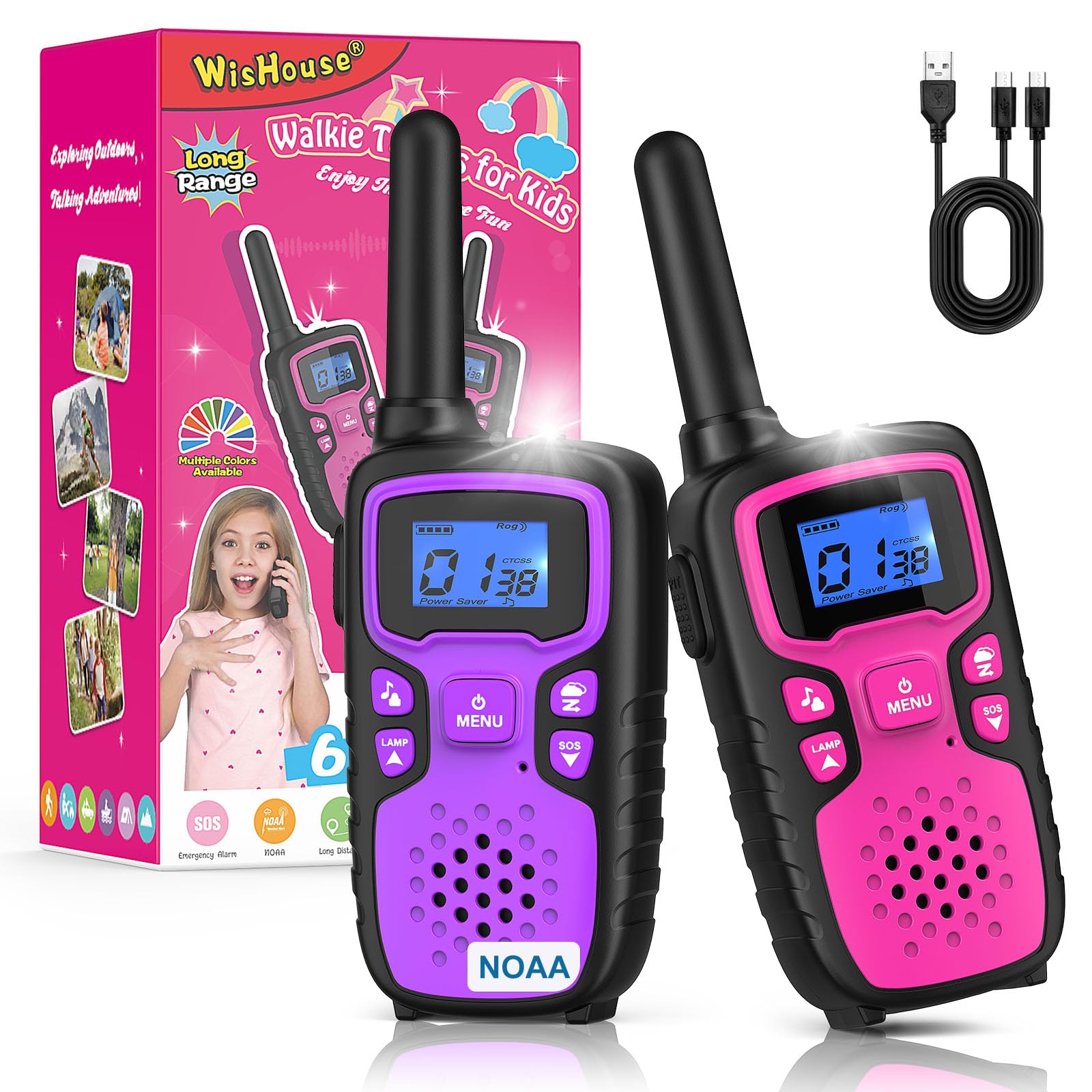 **Wishouse Kids Walkie Talkies Rechargeable - Long Range 2-Way Radios for Boys & Girls Ages 4-9, Perfect for Hiking, Camping & Outdoor Adventures - Includes NOAA Weather Alerts, SOS Siren, Flashlight & Lanyards - Great Christmas/Birthday Gift (2 Pack)**