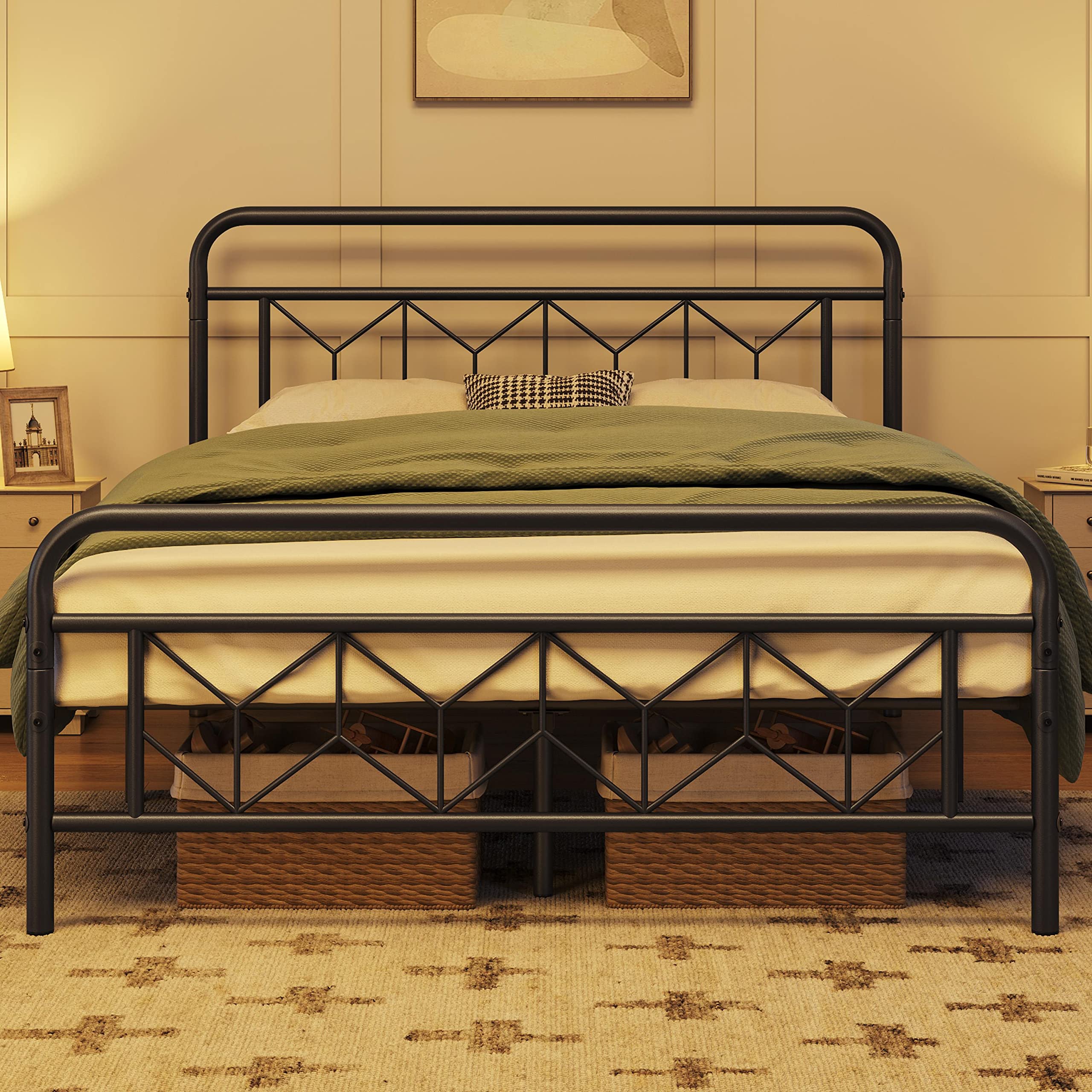 Vintage Style Metal Queen Bed Frame with Headboard - No Box Spring Needed, Sturdy Slat Support & Under Bed Storage - Perfect for Guest Rooms, Master Bedrooms & Small Spaces