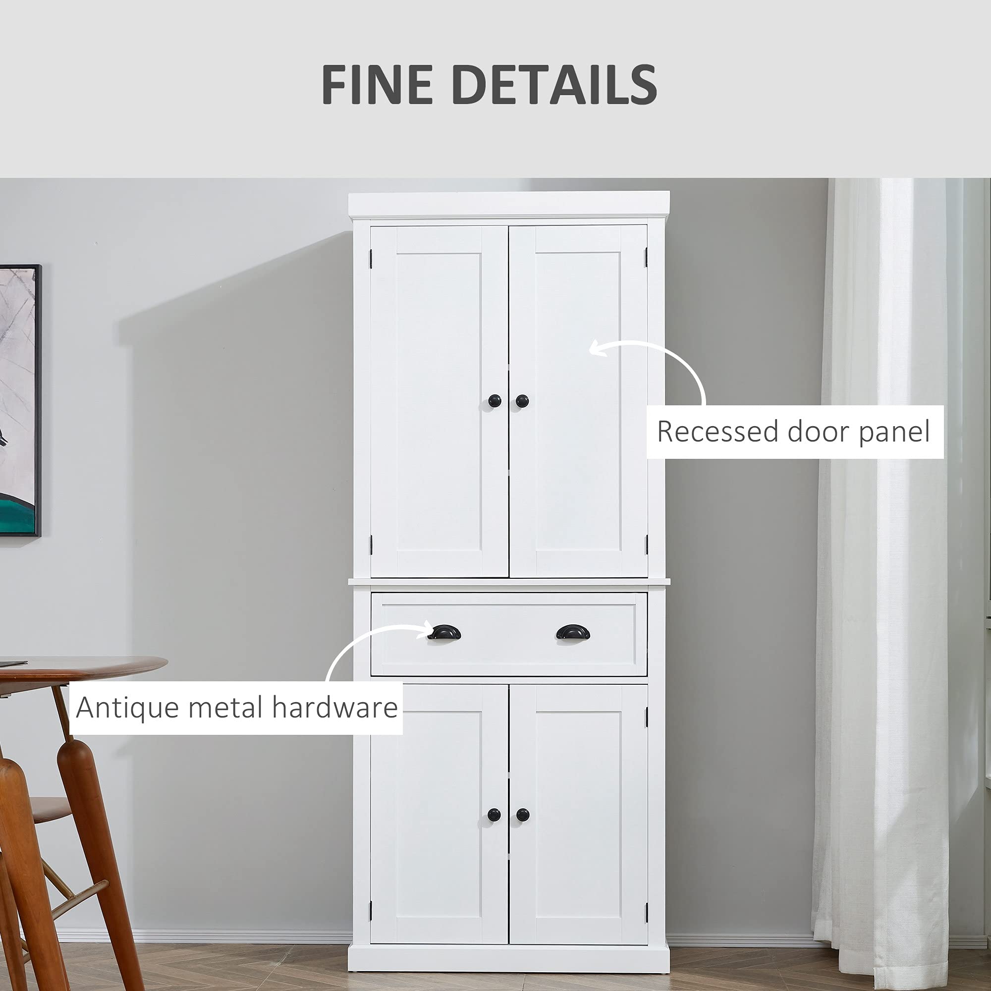 HOMCOM Freestanding Kitchen Cupboard - 72 Inch Tall Storage Cabinet with 4 Doors, Shelves & Drawer - White Colonial Style Pantry Organizer for Spices, Dishes & Kitchen Supplies - Perfect for Dining Room, Kitchen or Pantry Storage