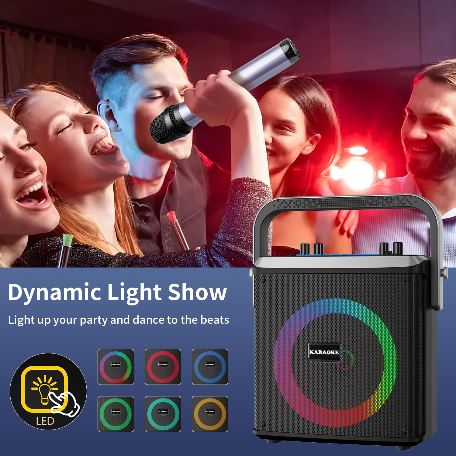 Portable Bluetooth Karaoke Machine with 2 Wireless Microphones - Party Speaker for Home, Outdoor, Camping & Garage (Perfect for Parties, Gatherings & Entertainment)