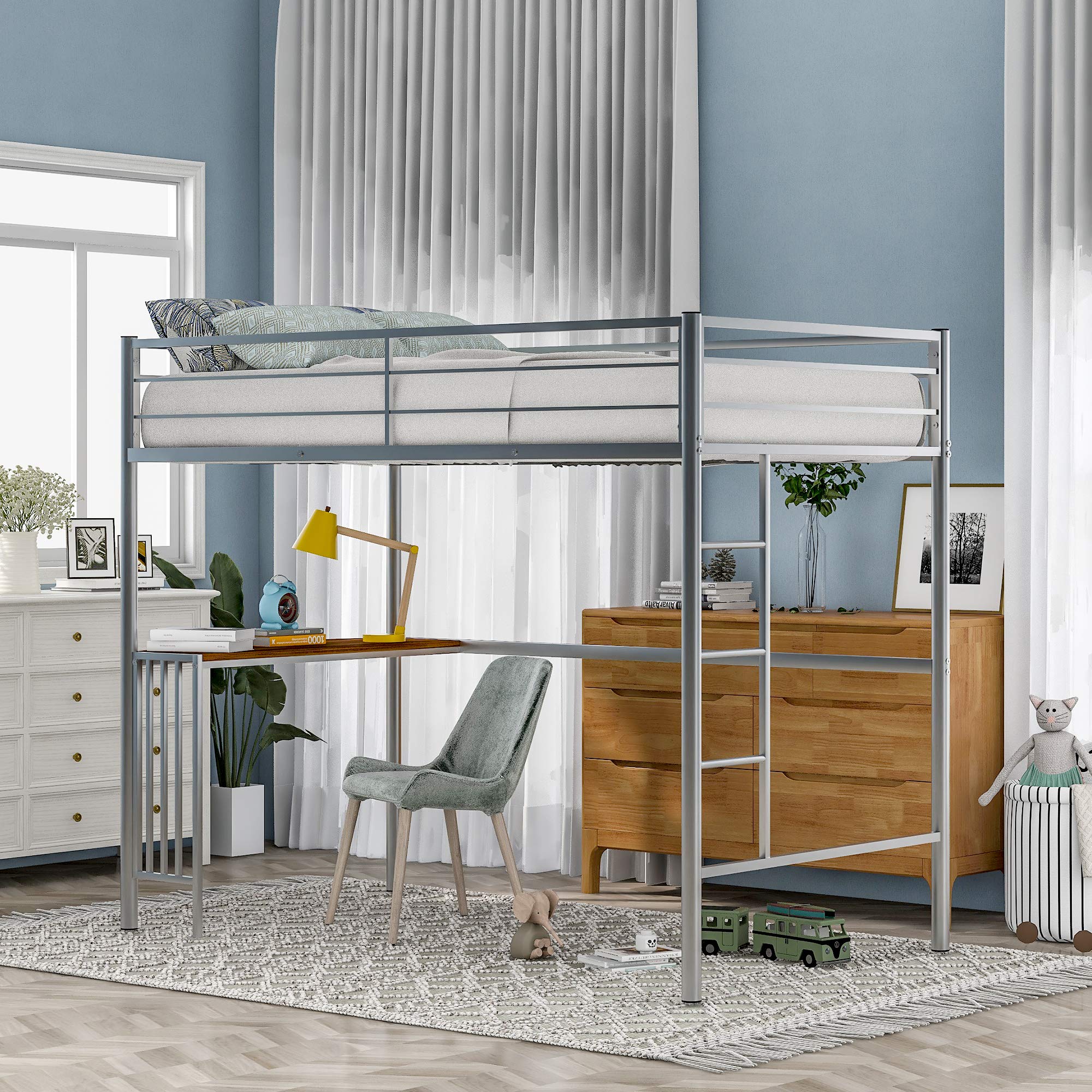 Metal Loft Bunk Bed with Desk - Twin Size for Kids Bedroom, Study & Sleep Space