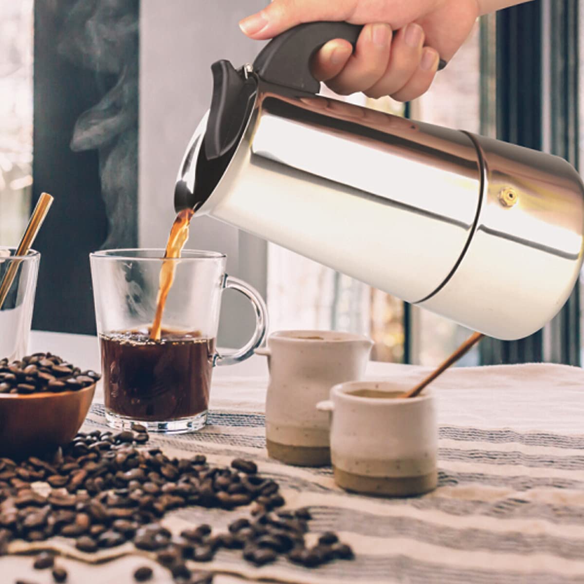 Premium Stainless Steel Stovetop Espresso Maker - 300ml/6 Cup Moka Pot for Rich Italian Coffee | Perfect for Home, Office & Camping Use