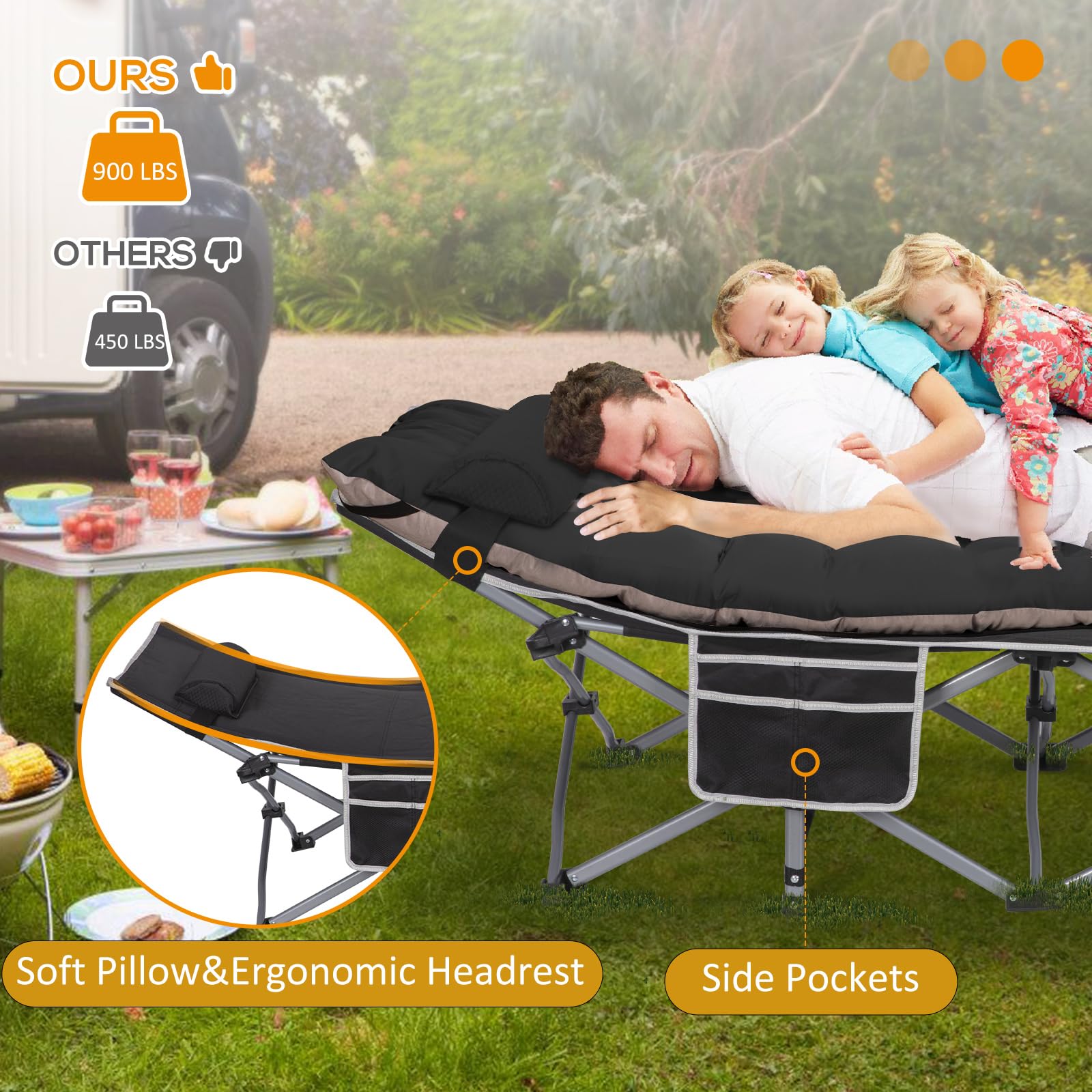 2 Pack Heavy Duty Folding Camping Cots with Pillow & 3